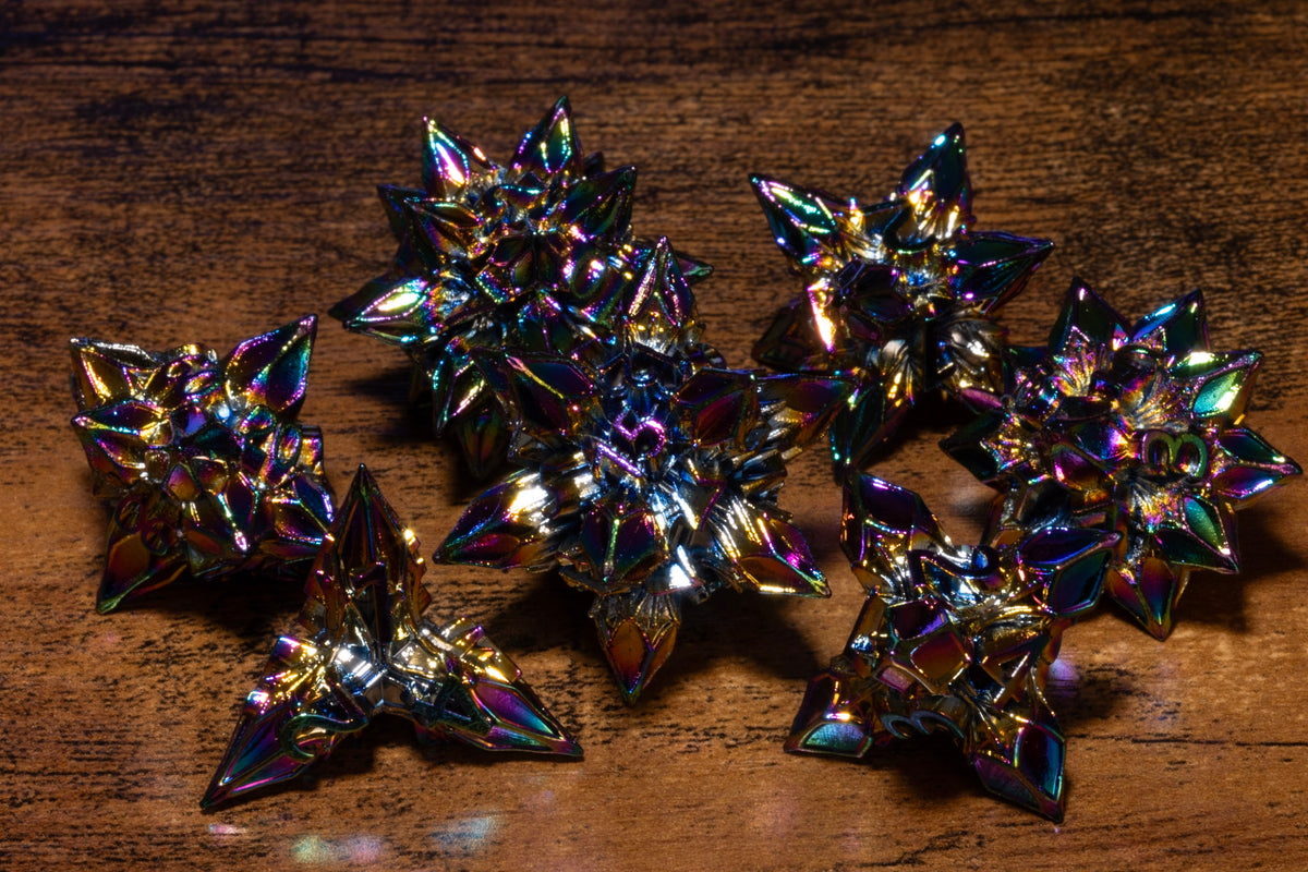 Blooming Stars 7-Piece Metal Dice Set – Rainbow Iridescent
