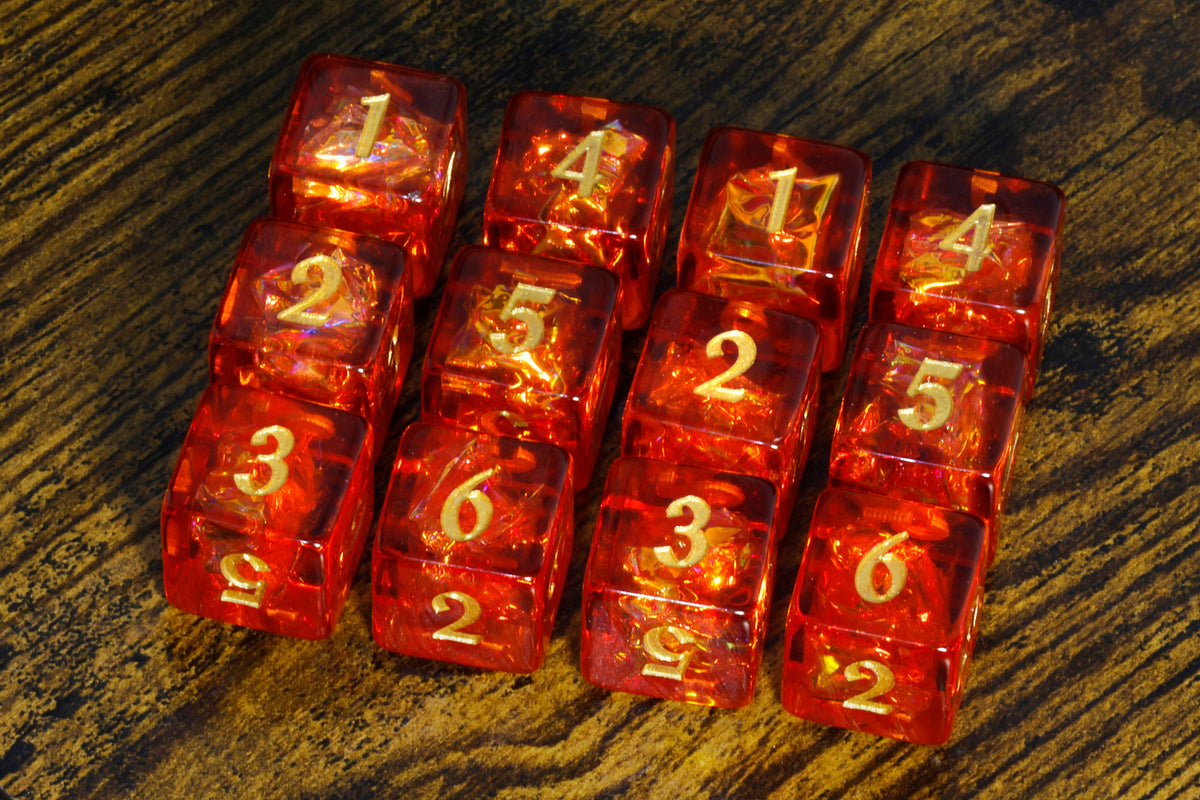 I Cast Fireball Dice Box & Fire Opal 12-Piece D6 Dice Set – Red-Orange, Holographic Glitter