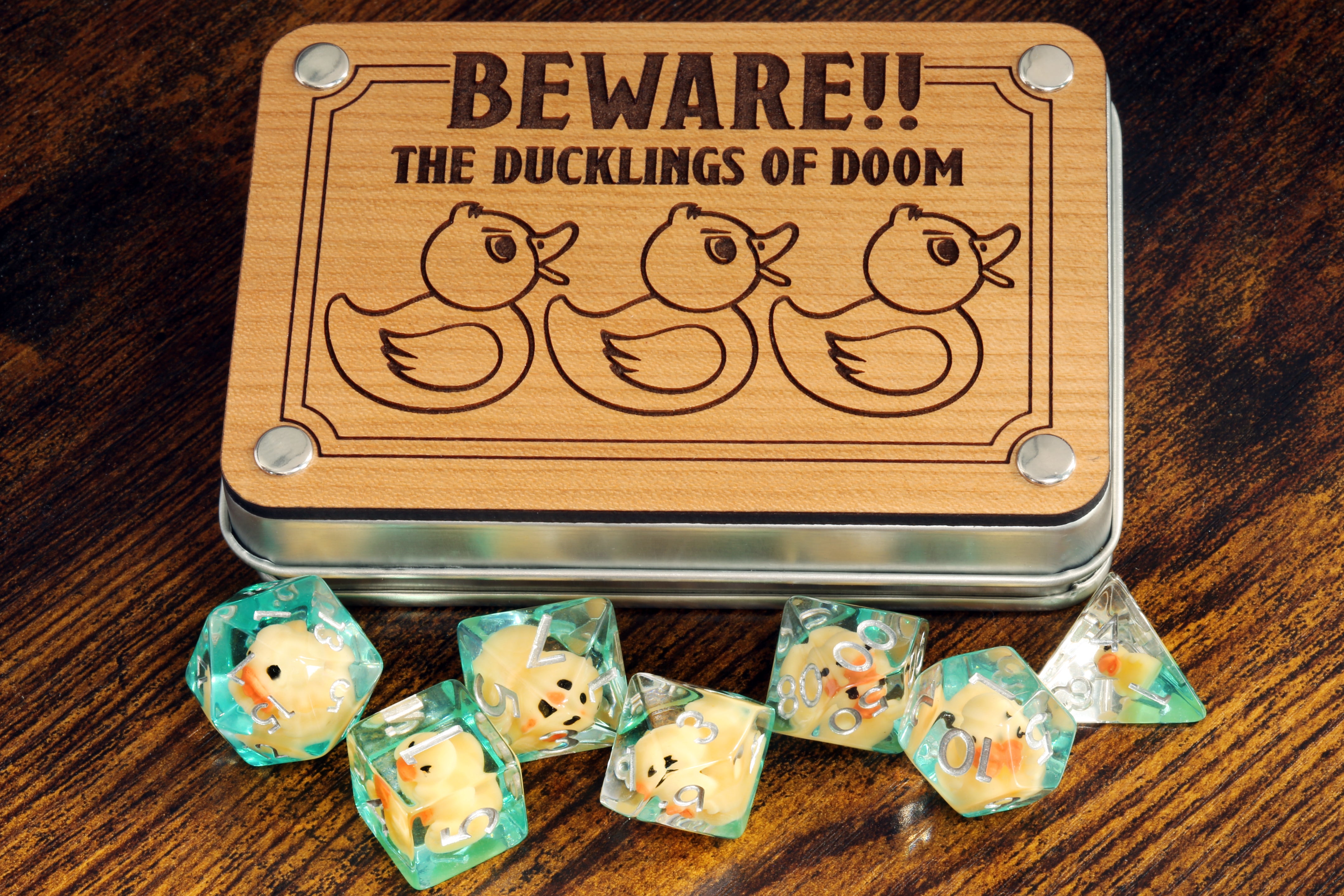 Beware !! The ducklings of doom dice set with metal box - The Wizard's Vault