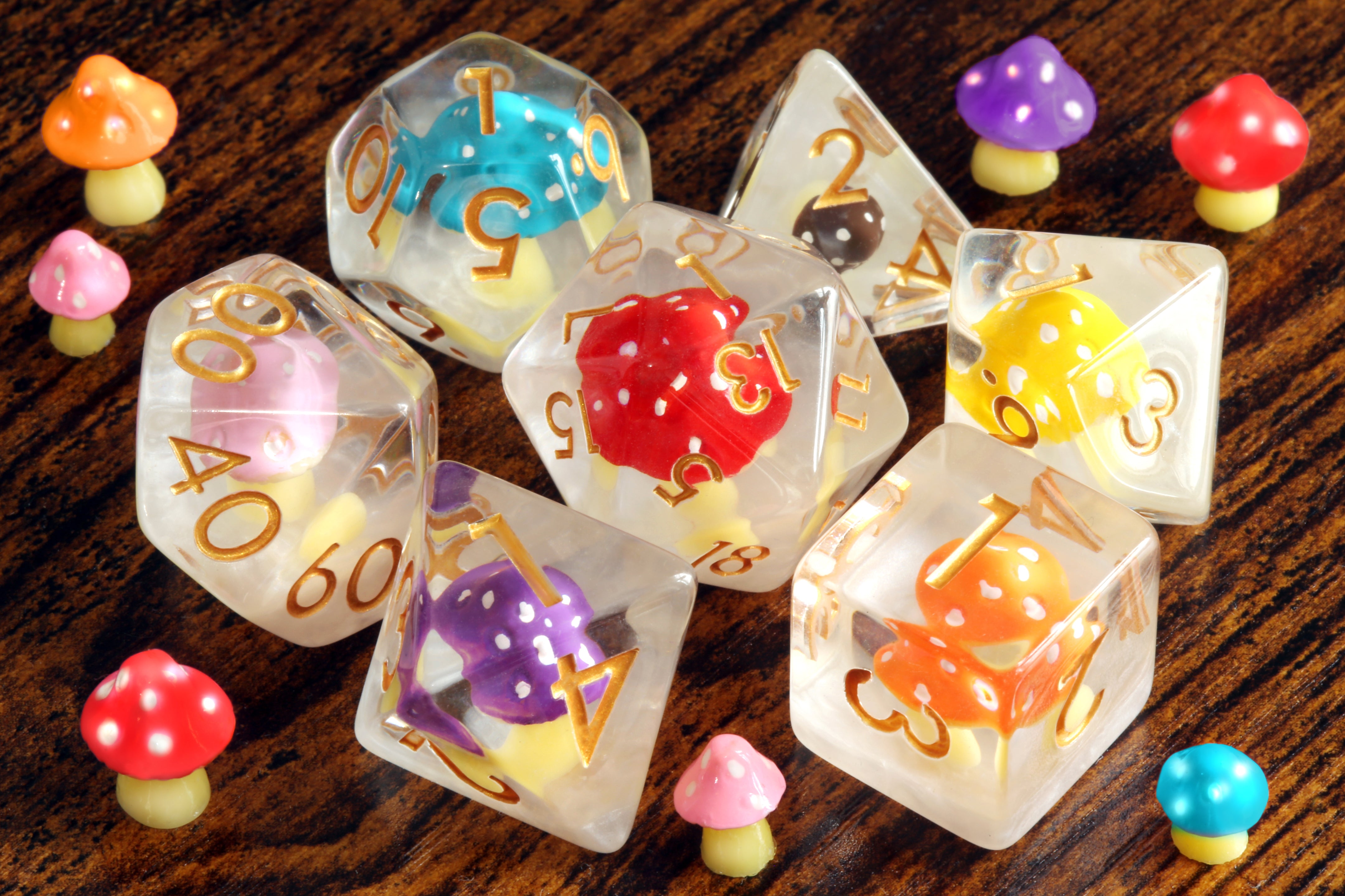 Rainbow Colorshroom dice set - Multicolor Mushroom dice - The Wizard's Vault