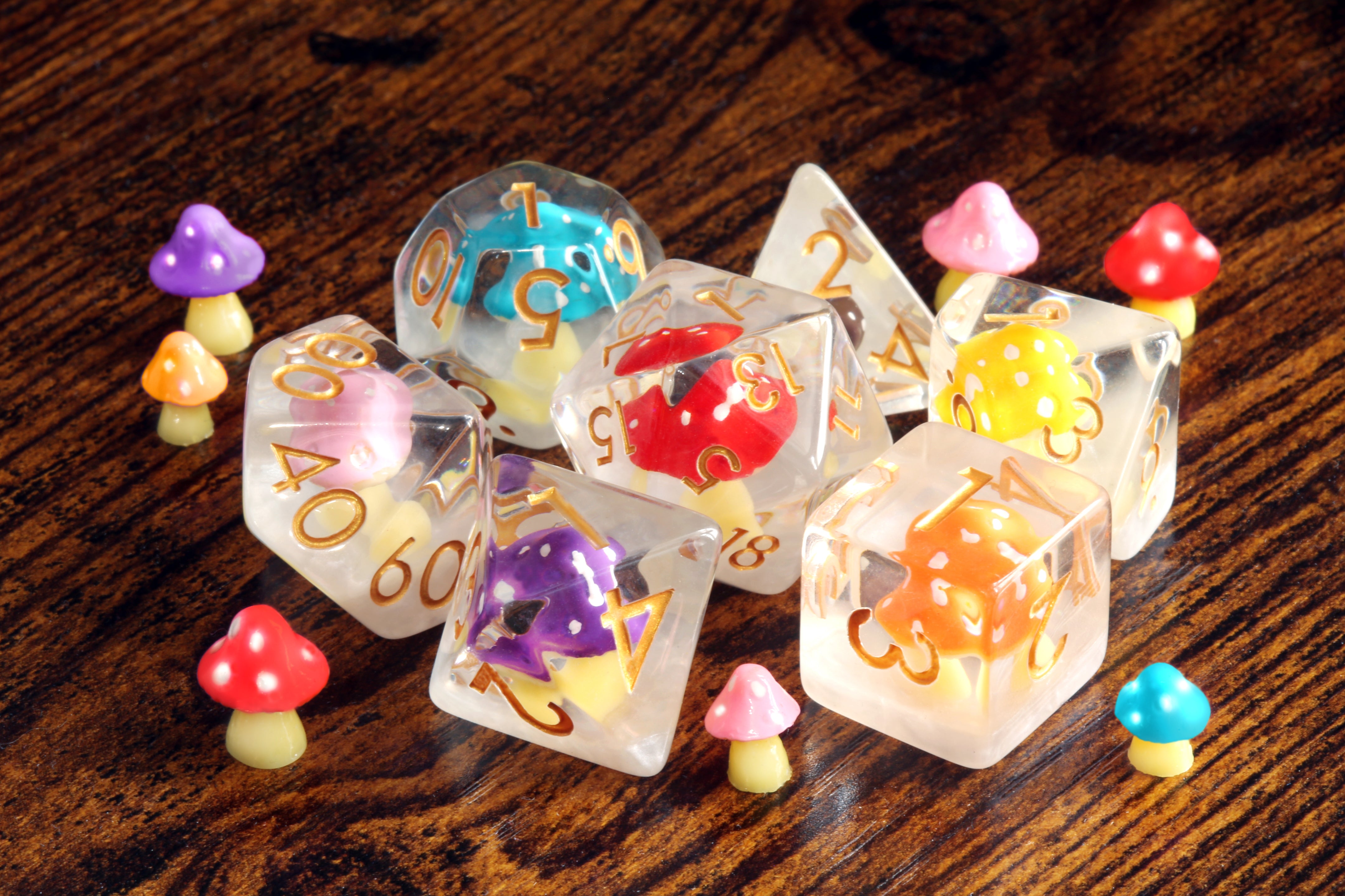 Rainbow Colorshroom dice set - Multicolor Mushroom dice - The Wizard's Vault