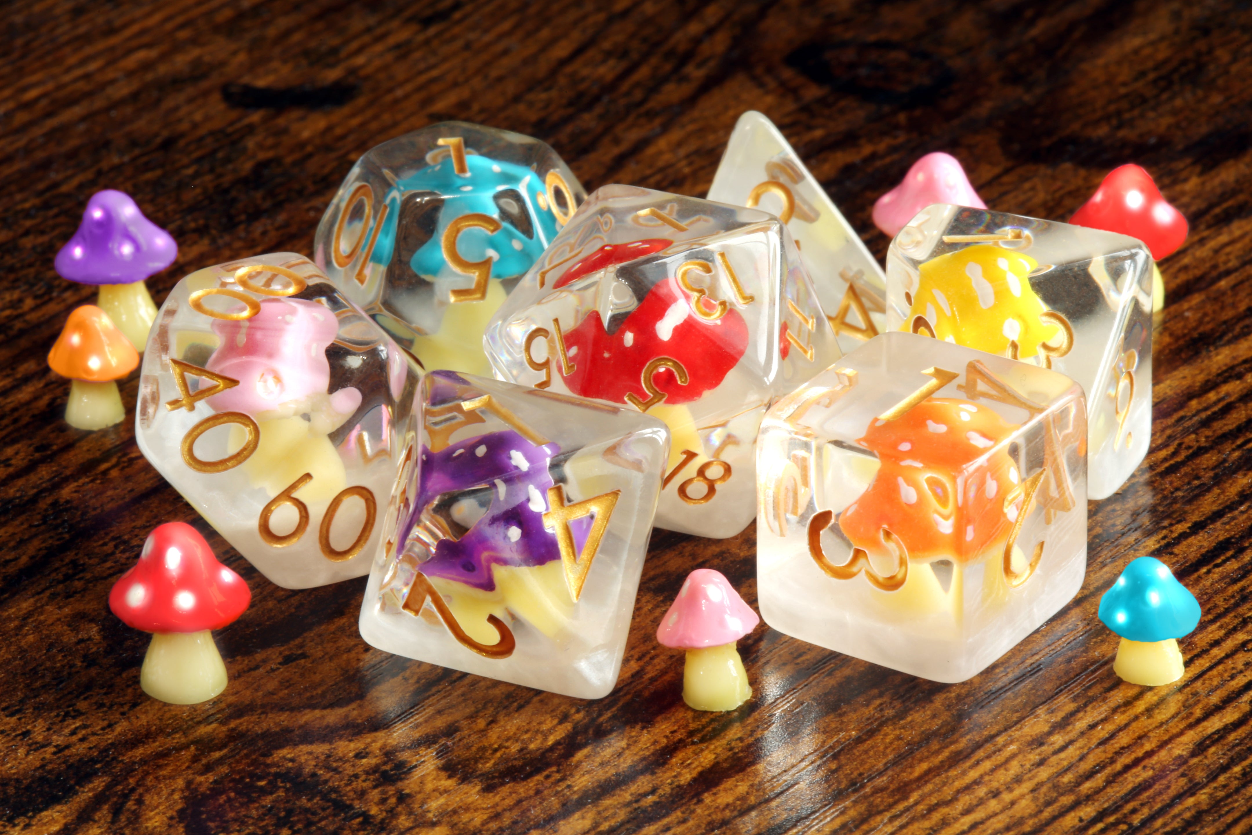 Rainbow Colorshroom dice set - Multicolor Mushroom dice - The Wizard's Vault
