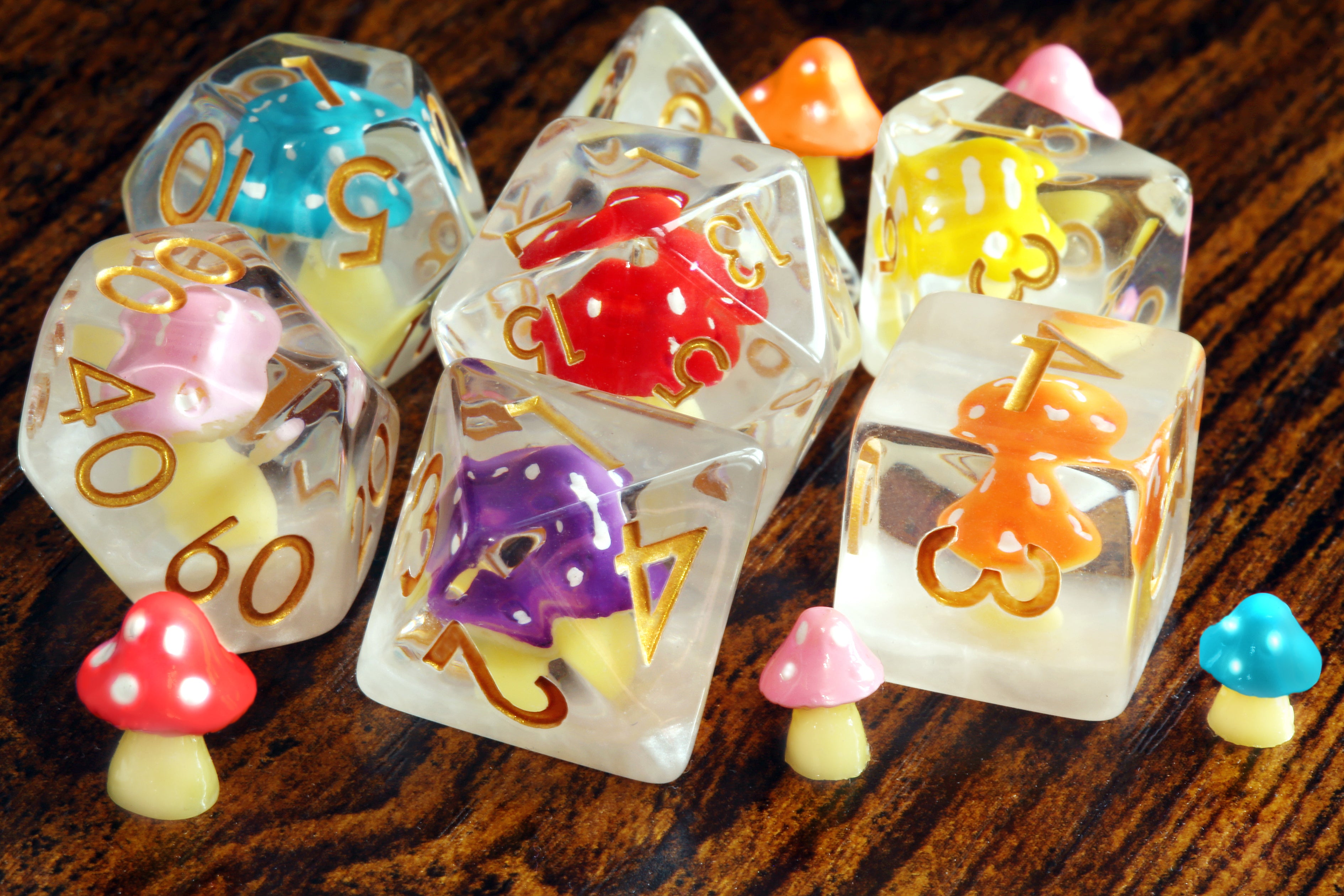 Rainbow Colorshroom dice set - Multicolor Mushroom dice - The Wizard's Vault