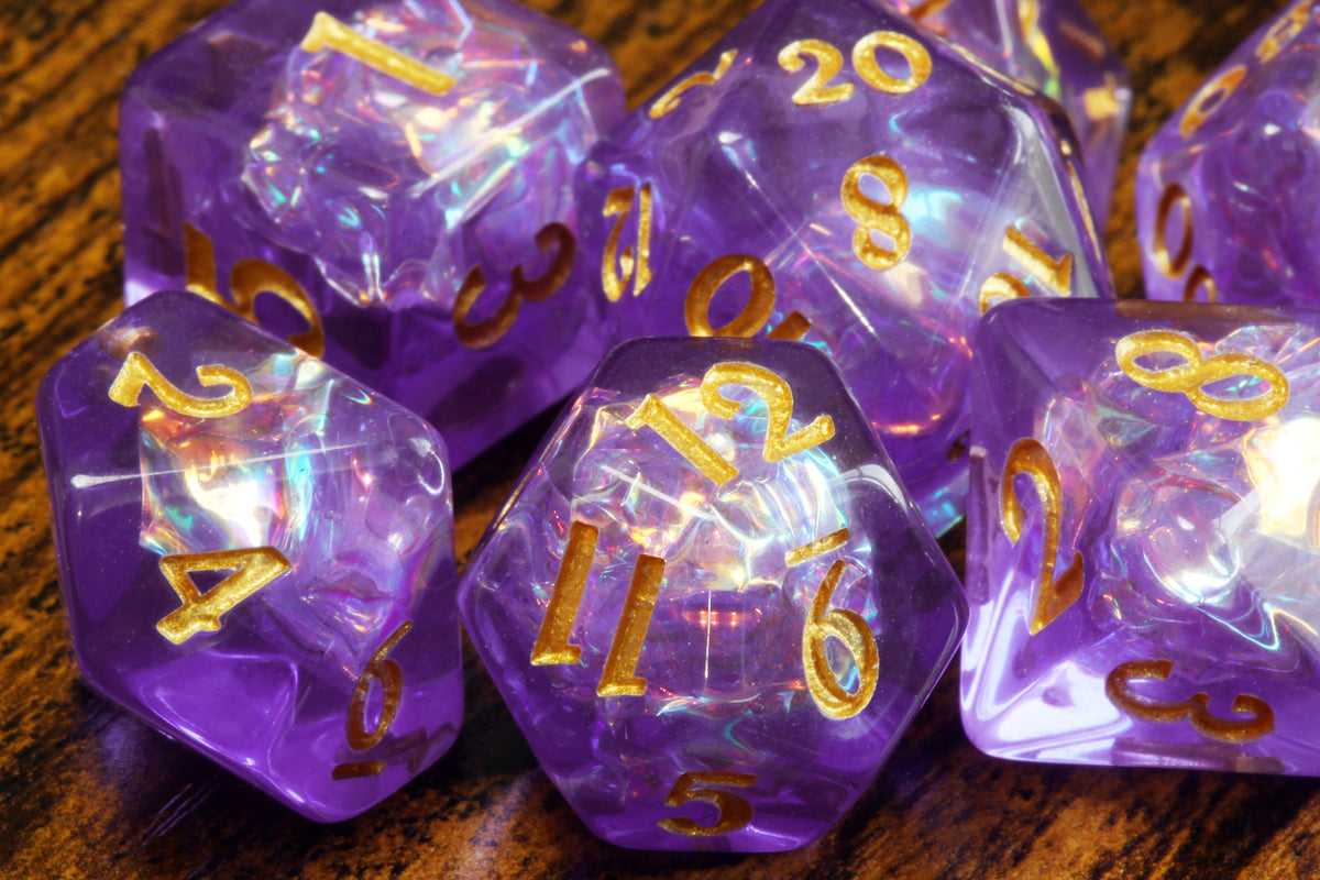 Mystic Opal dice set, purple resin with holographic inclusions