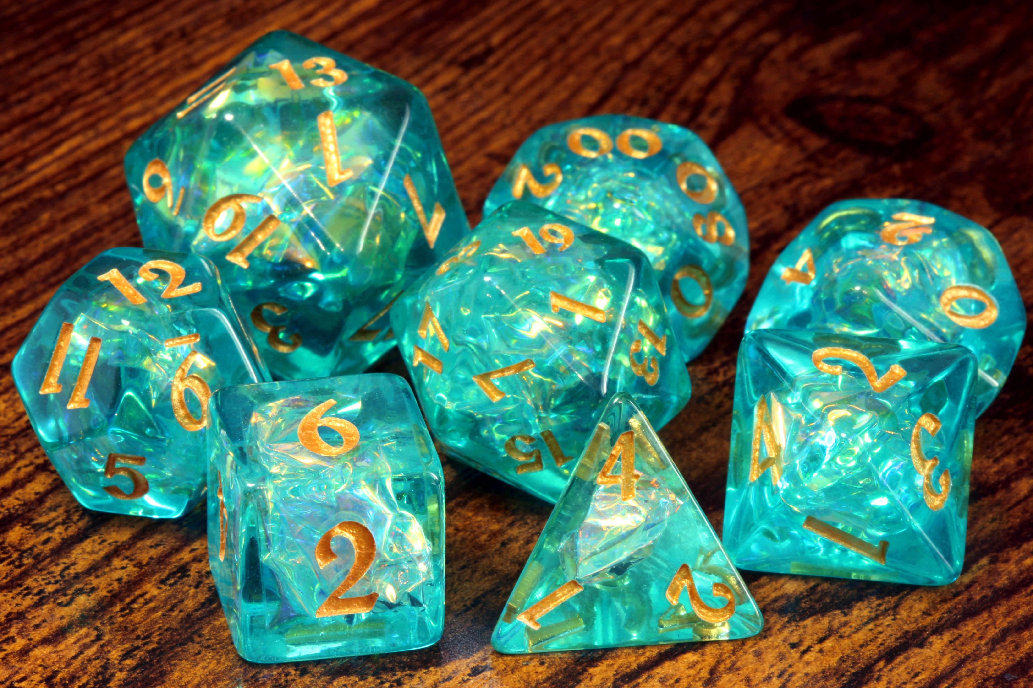 Ocean Opal 8 piece dice set - Green with Holographic inclusions - The Wizard's Vault