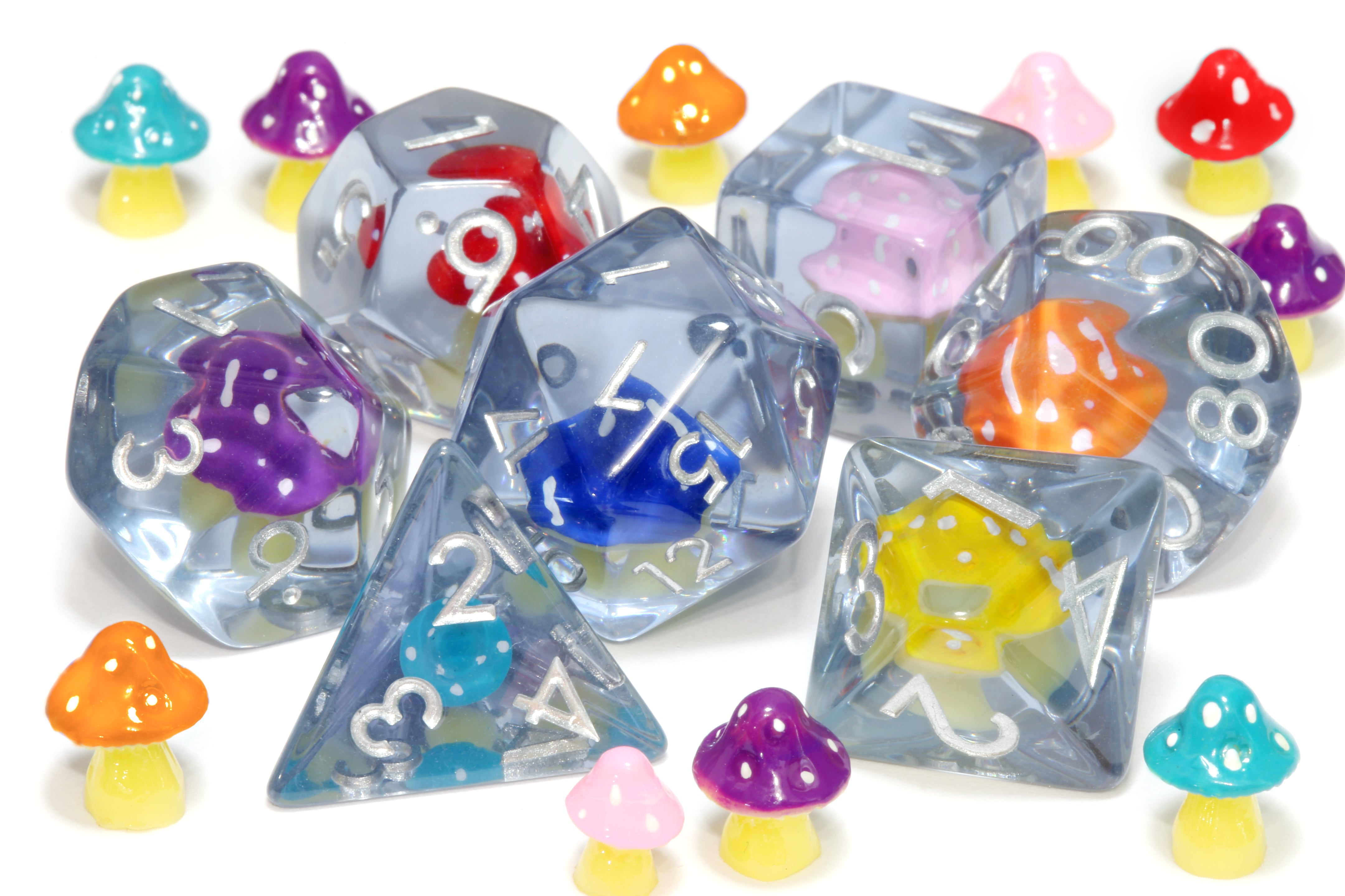 Fungi Elixir dice set - Multicolor Mushroom dice - The Wizard's Vault
