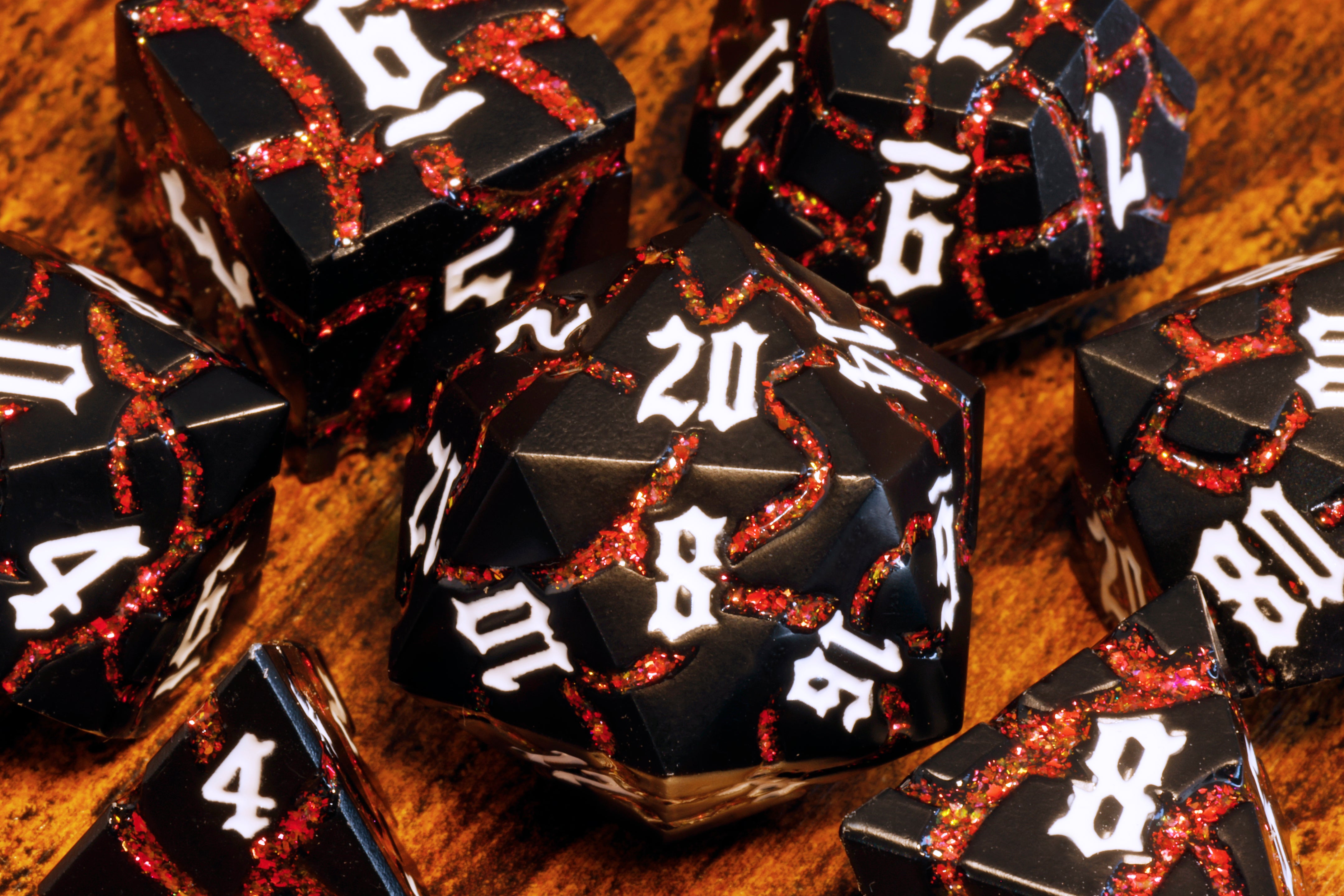 Inferno Matrix Metal Dice set - Fiery Cracks & Black Finish - The Wizard's Vault