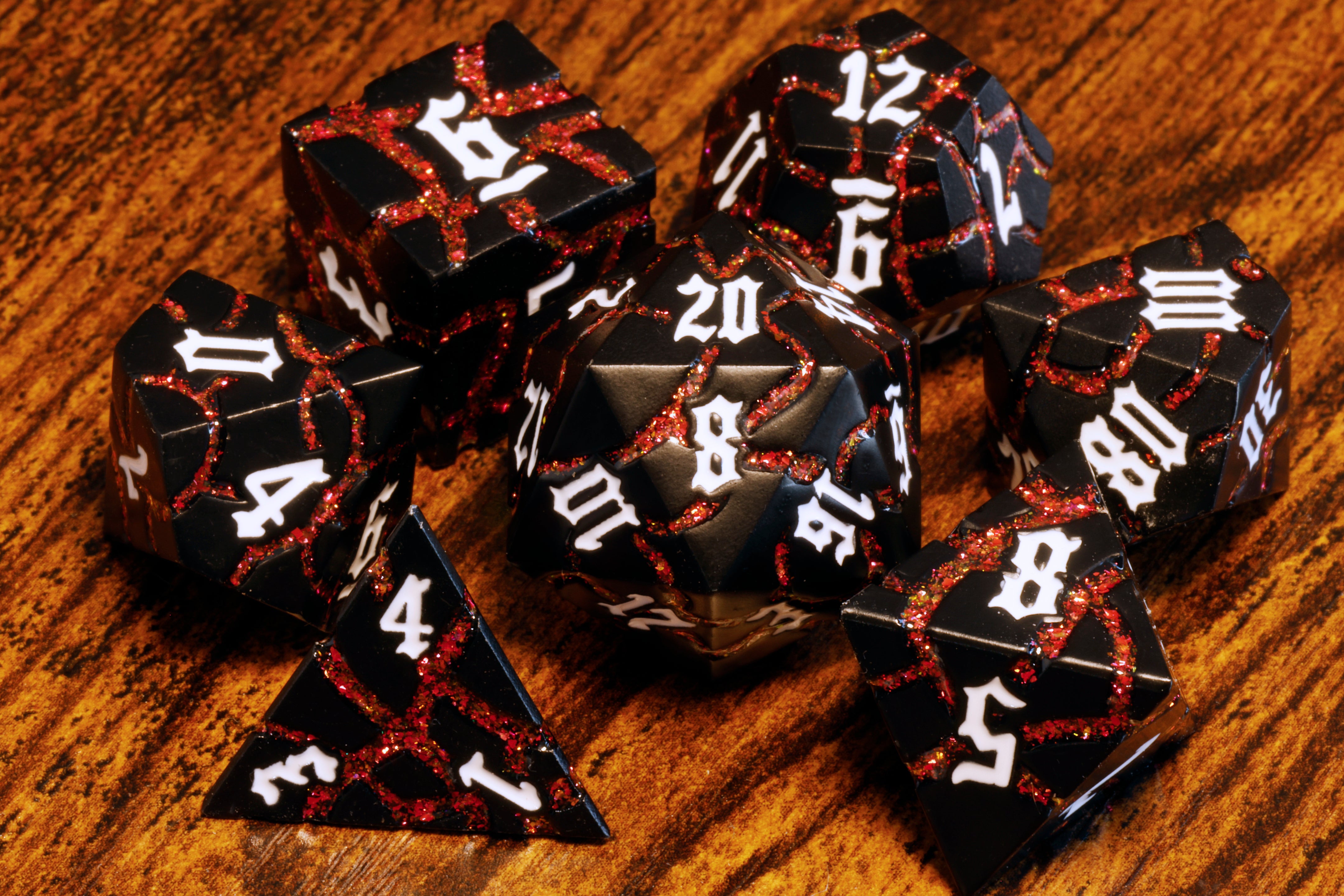 Inferno Matrix Metal Dice set - Fiery Cracks & Black Finish - The Wizard's Vault