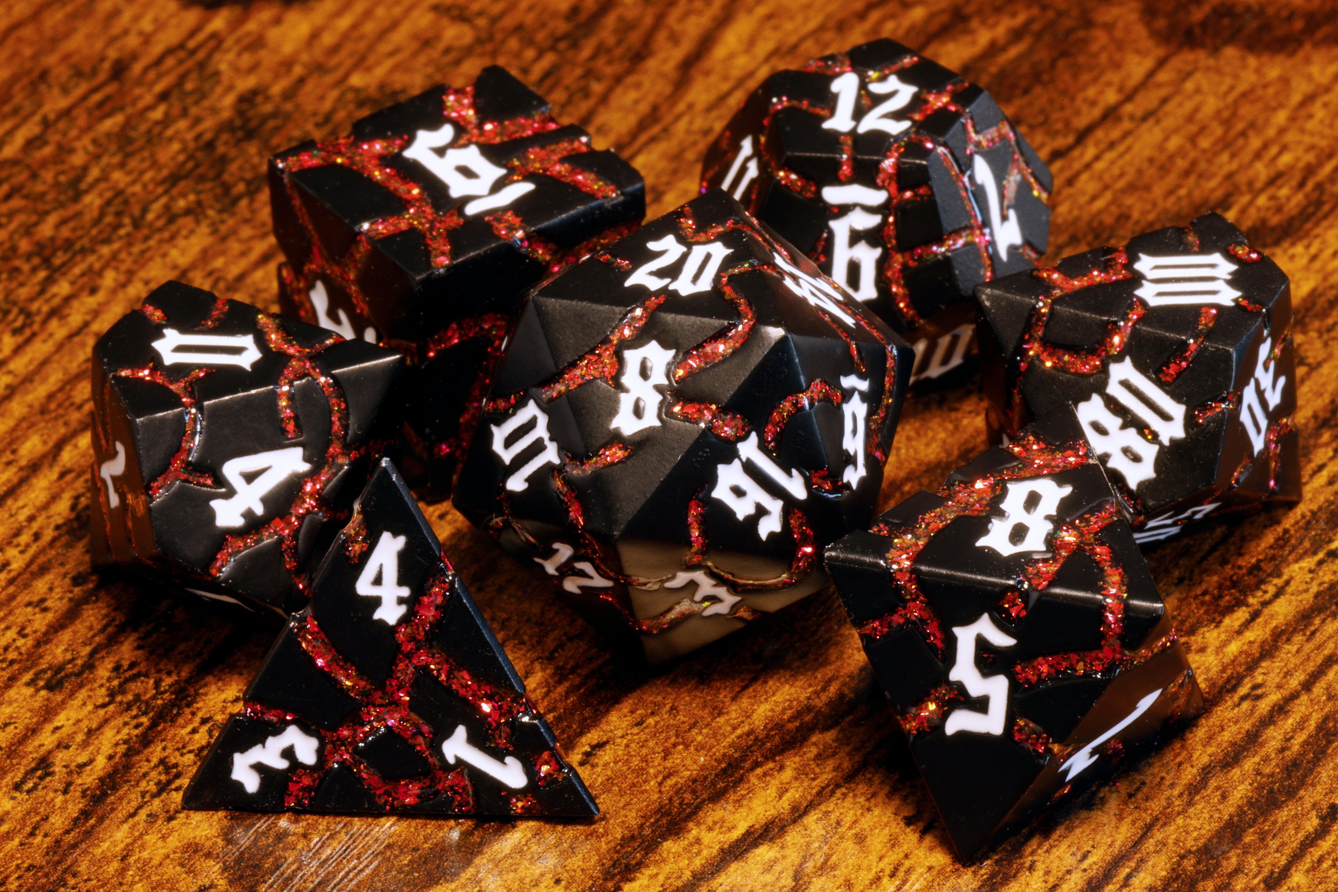 Inferno Matrix Metal Dice set - Fiery Cracks & Black Finish - The Wizard's Vault