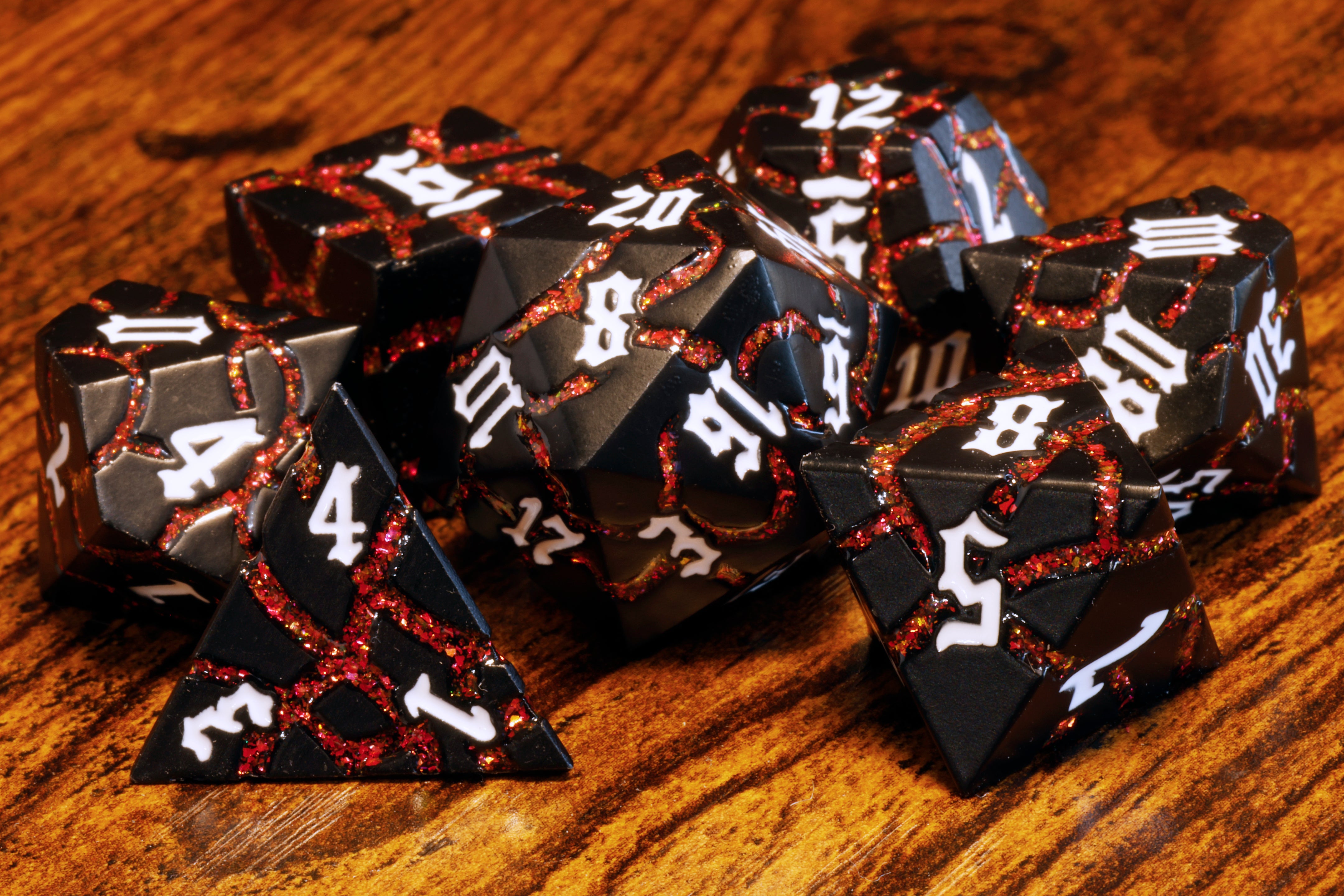 Inferno Matrix Metal Dice set - Fiery Cracks & Black Finish - The Wizard's Vault