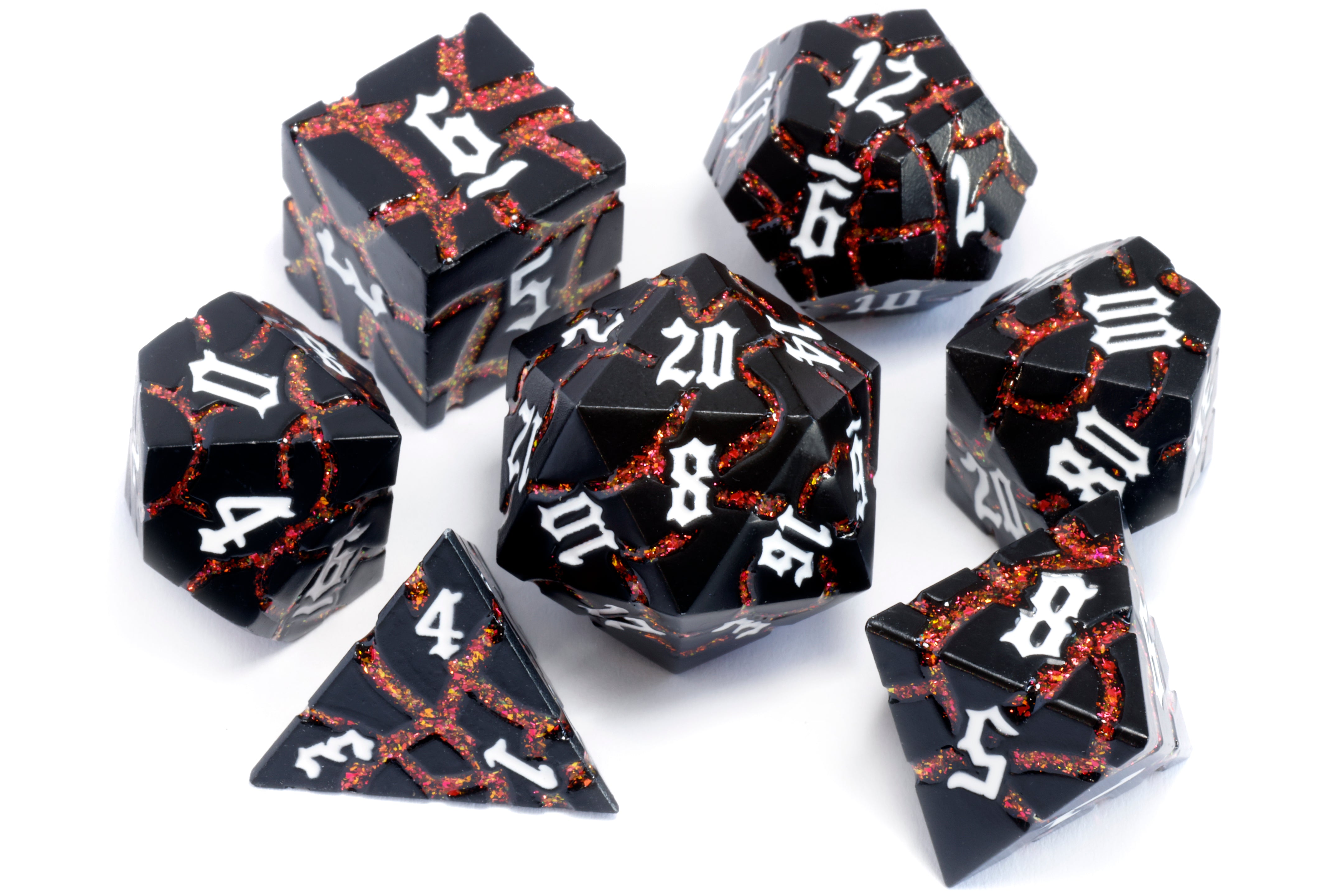 Inferno Matrix Metal Dice set - Fiery Cracks & Black Finish - The Wizard's Vault