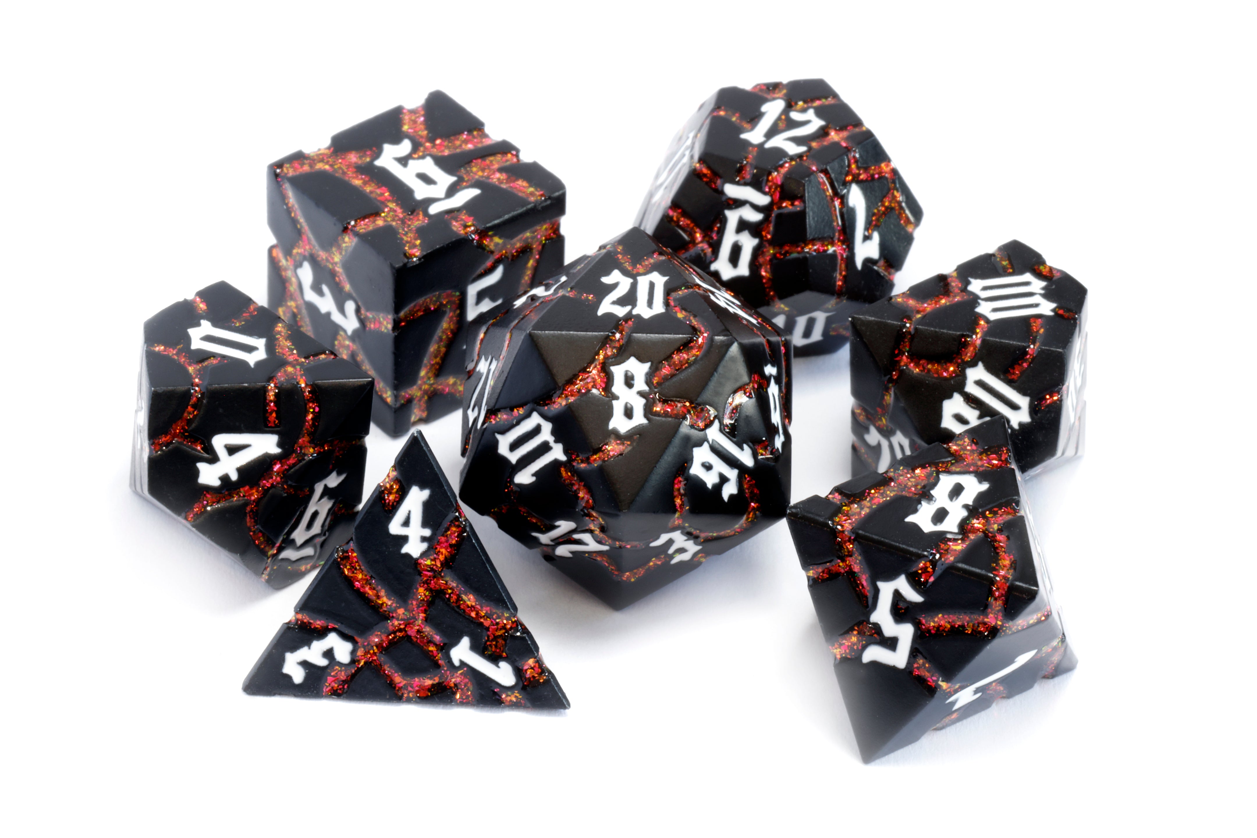 Inferno Matrix Metal Dice set - Fiery Cracks & Black Finish - The Wizard's Vault