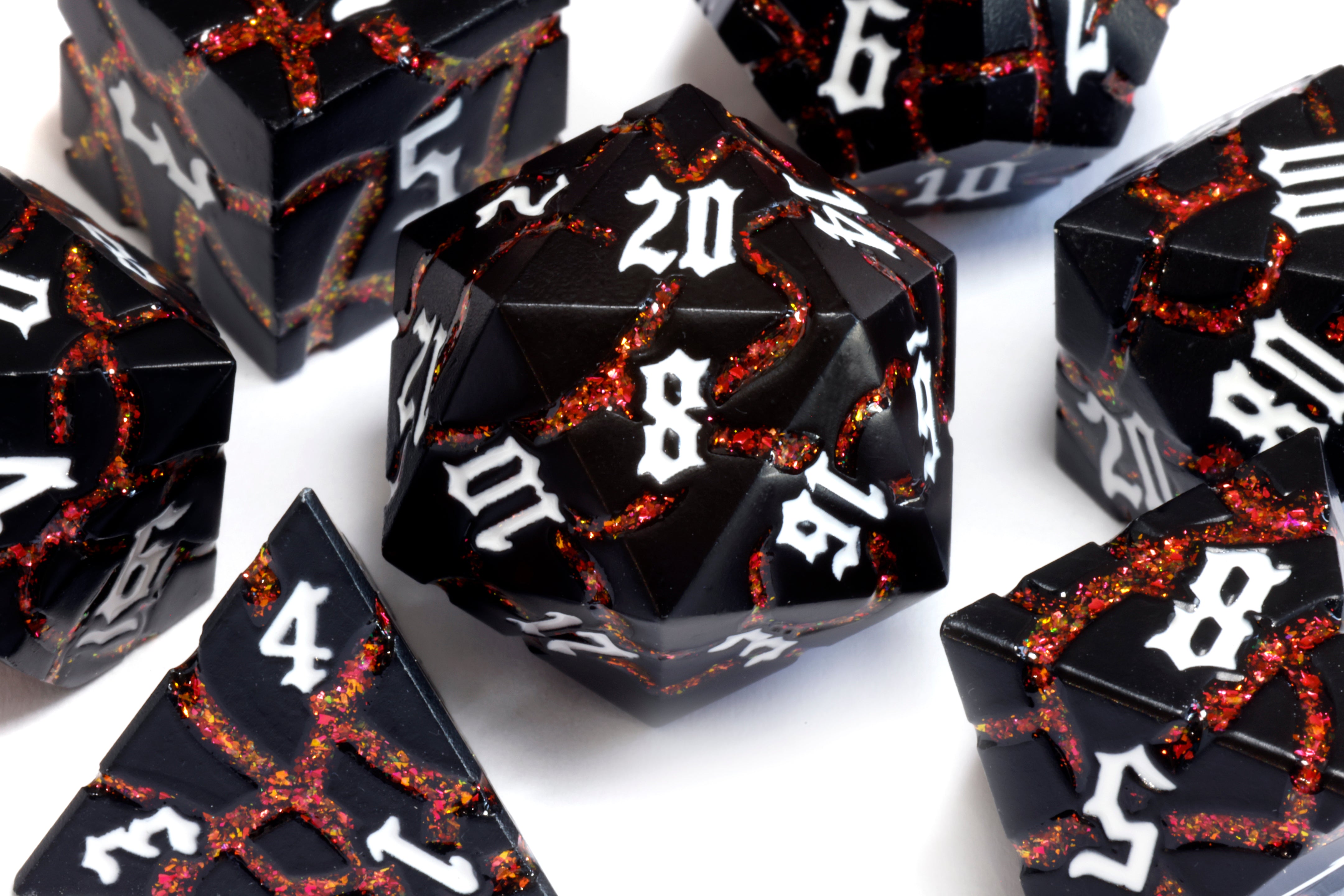 Inferno Matrix Metal Dice set - Fiery Cracks & Black Finish - The Wizard's Vault