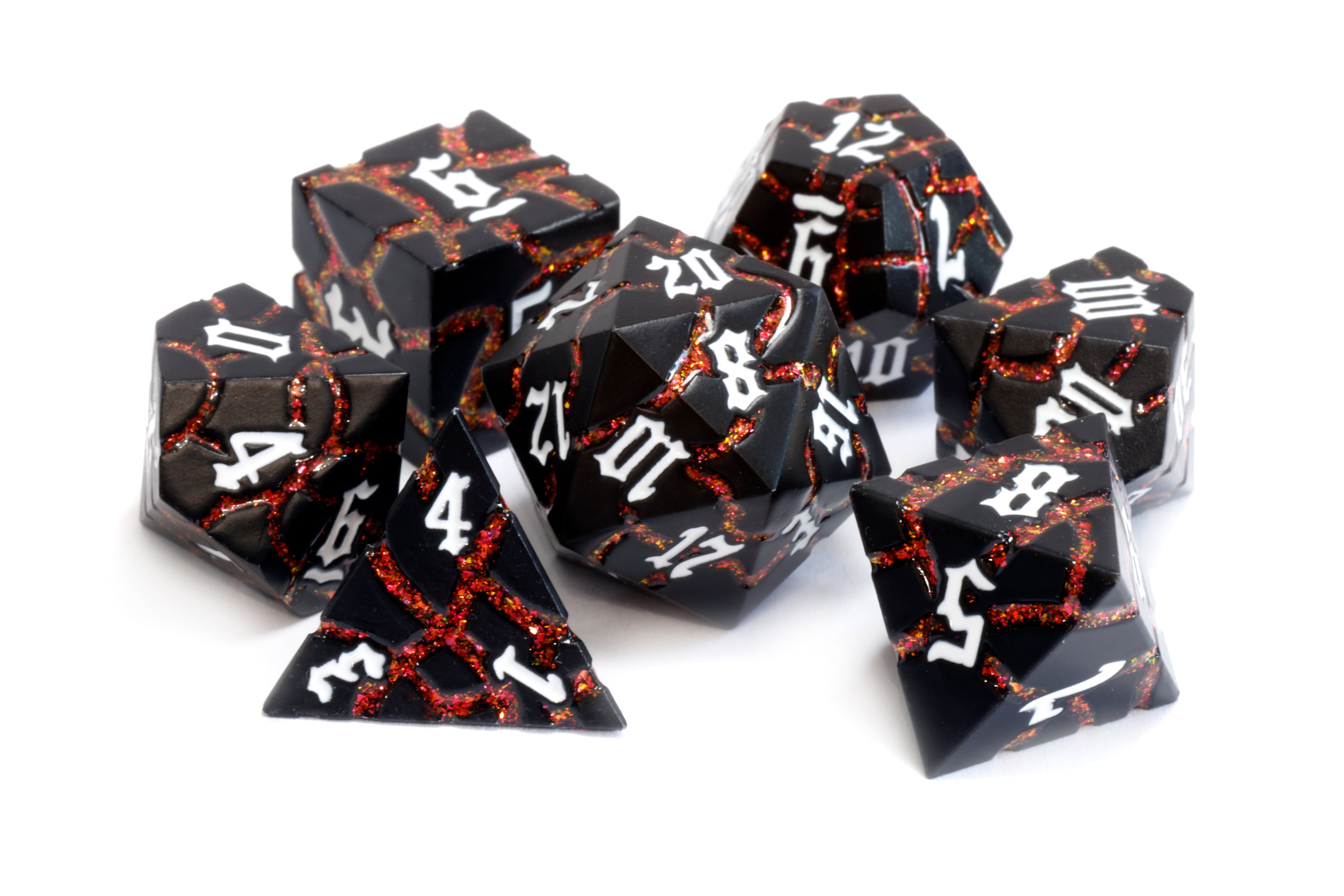 Inferno Matrix Metal Dice set - Fiery Cracks & Black Finish - The Wizard's Vault