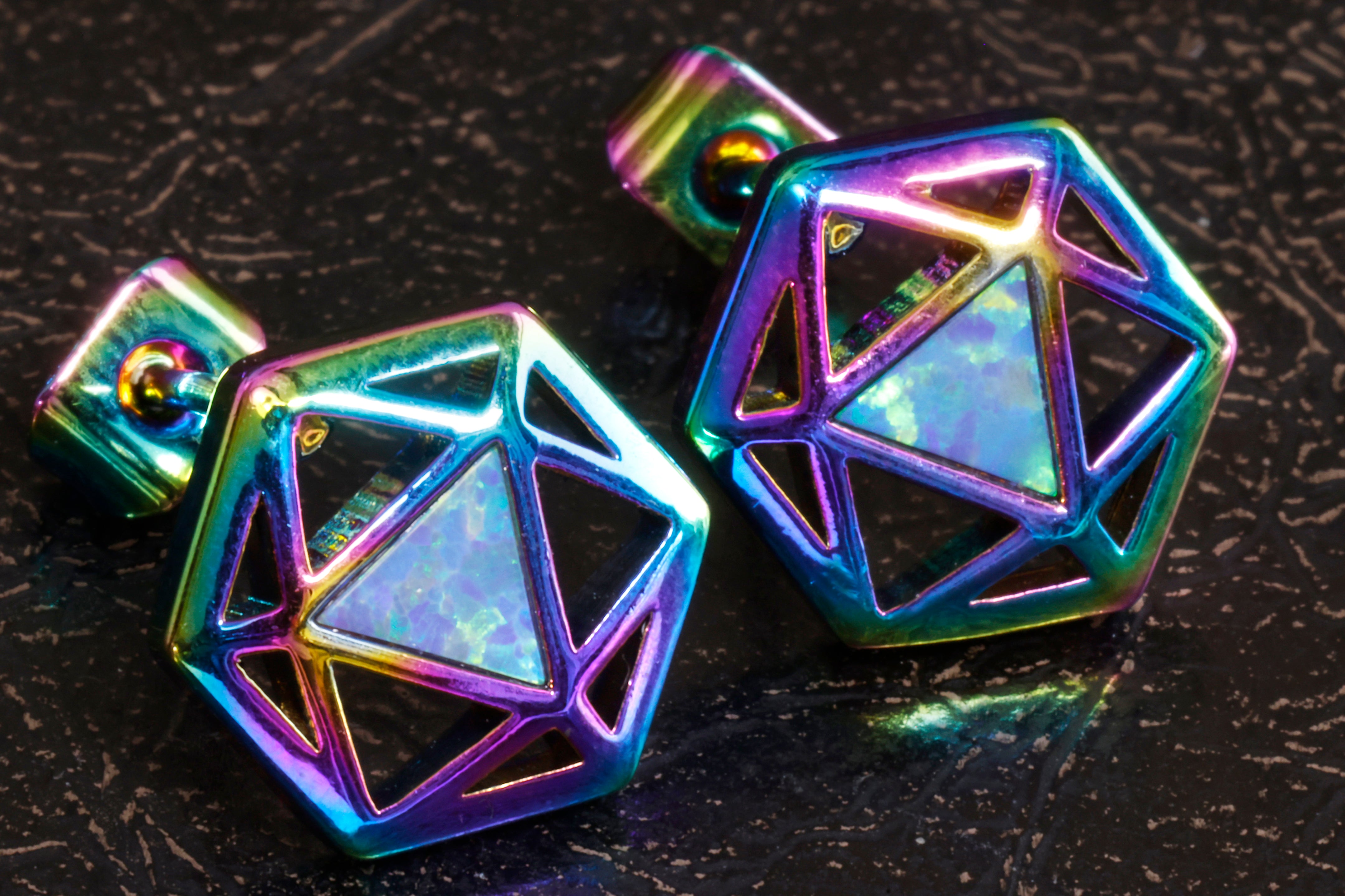 D20 Dice stud earrings with rainbow titanium finish - The Wizard's Vault