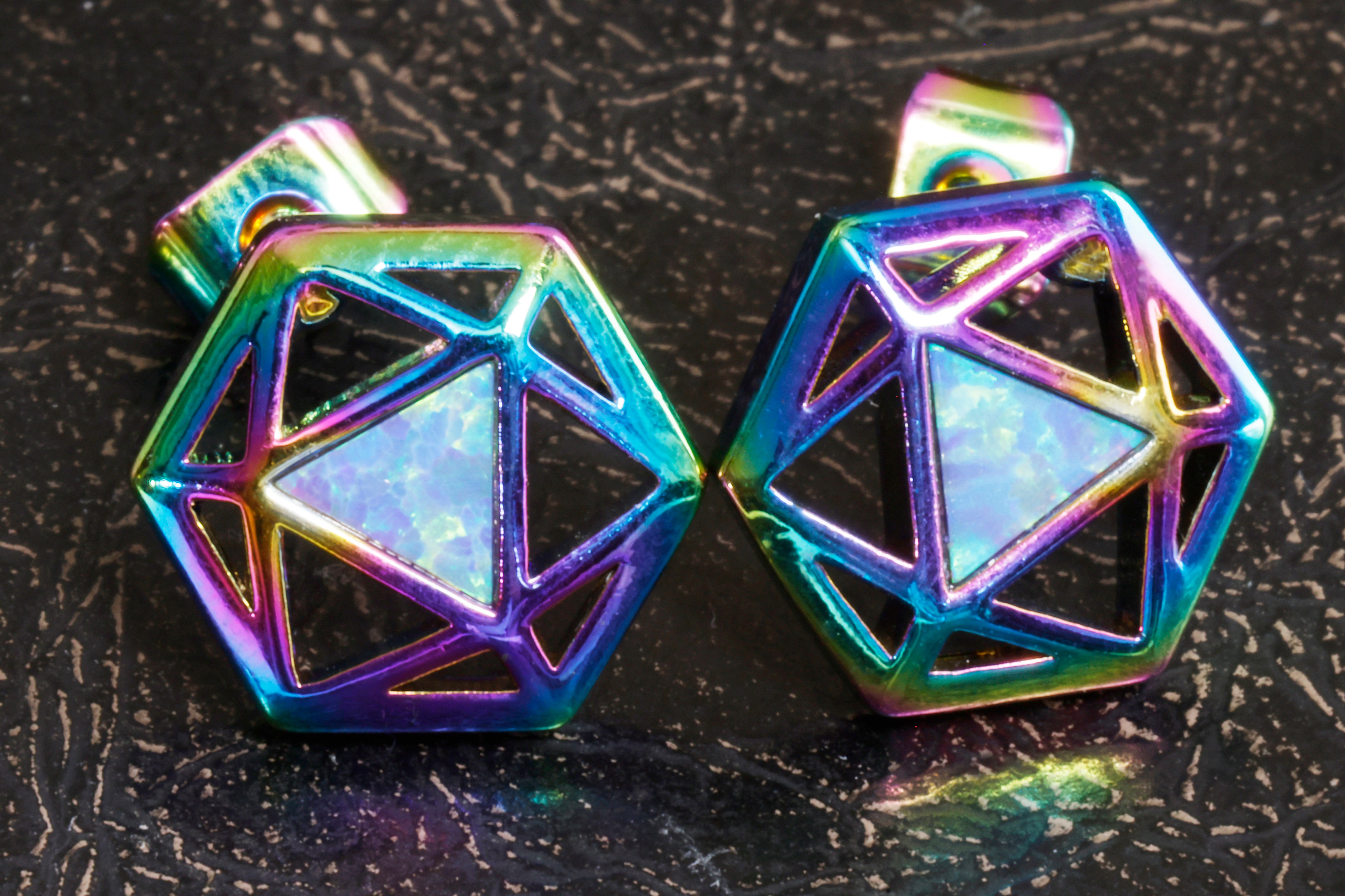 D20 Dice stud earrings with rainbow titanium finish - The Wizard's Vault