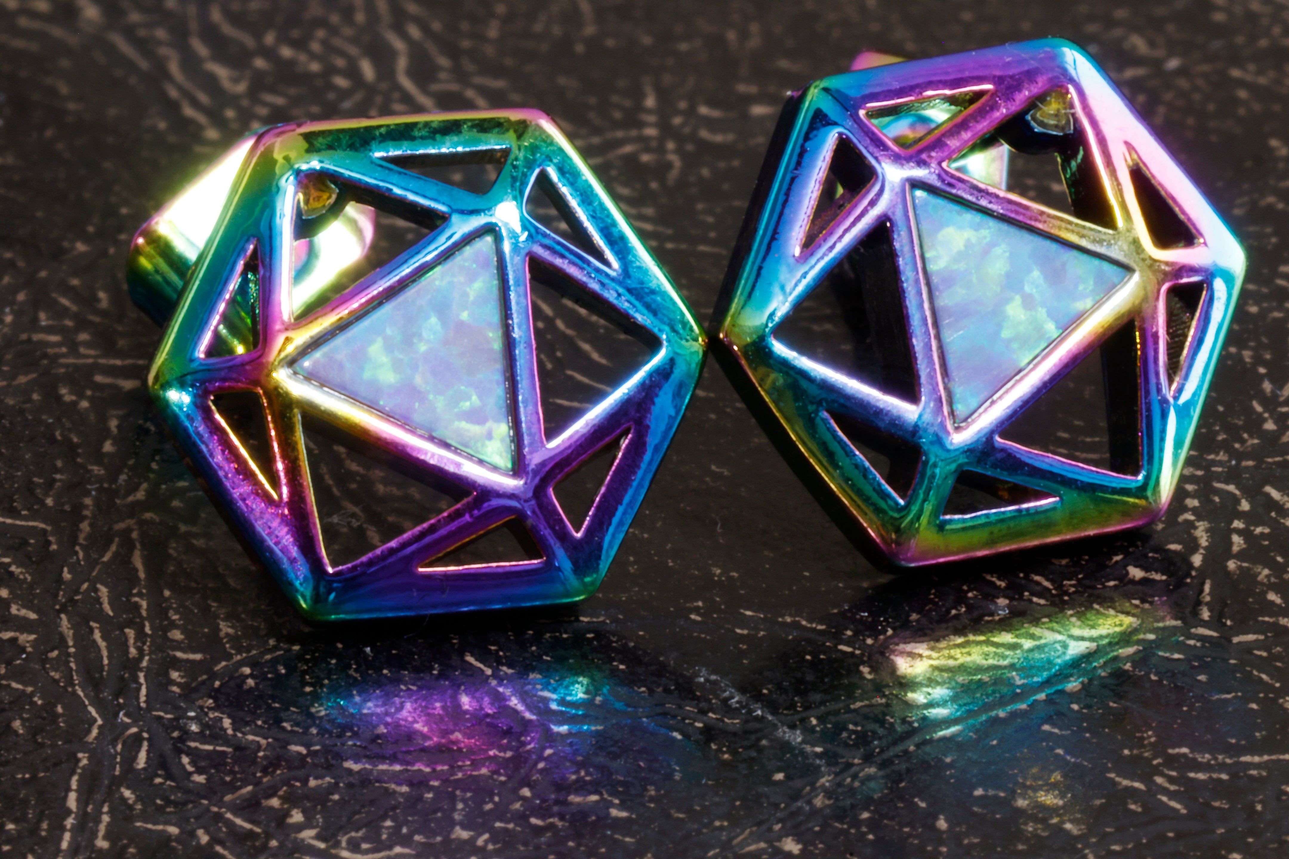 D20 Dice stud earrings with rainbow titanium finish - The Wizard's Vault