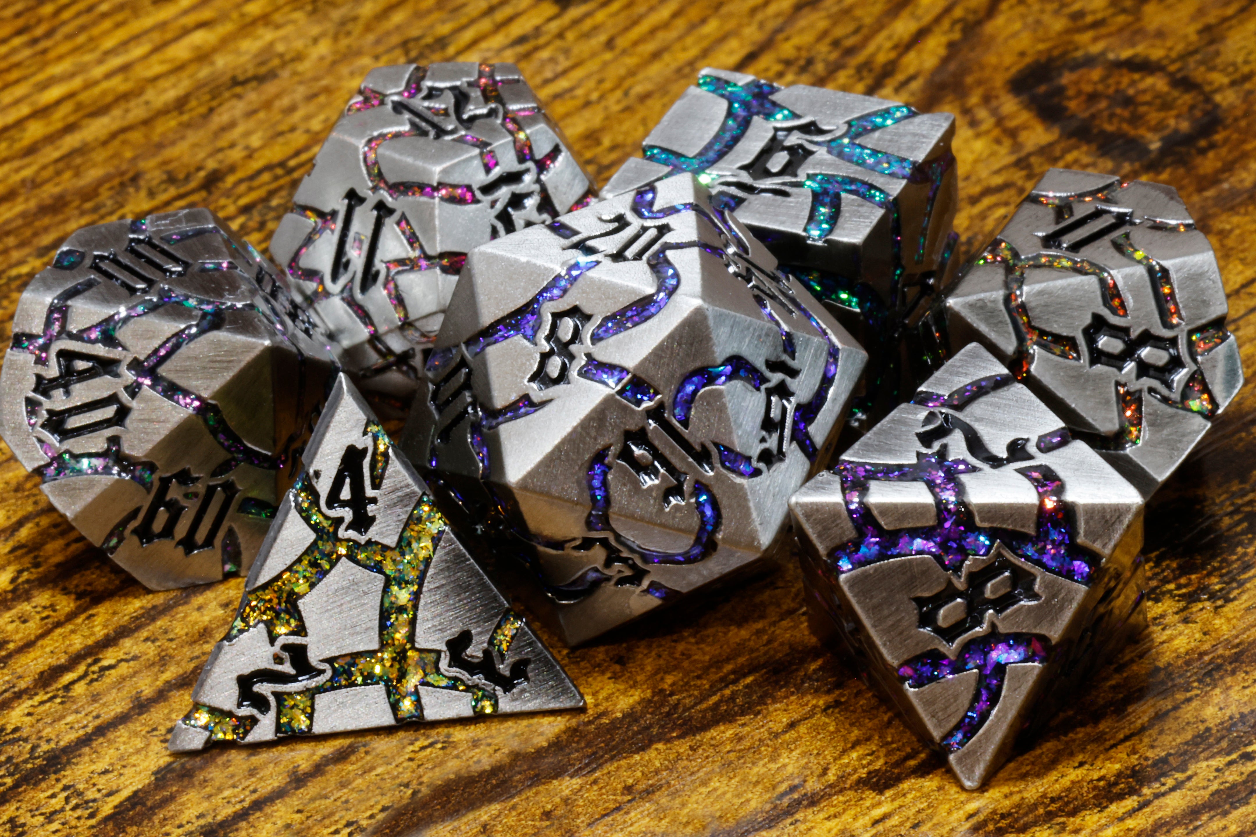 Mana Matrix Metal Dice set - Multicolor Cracks & Silver Finish - The Wizard's Vault
