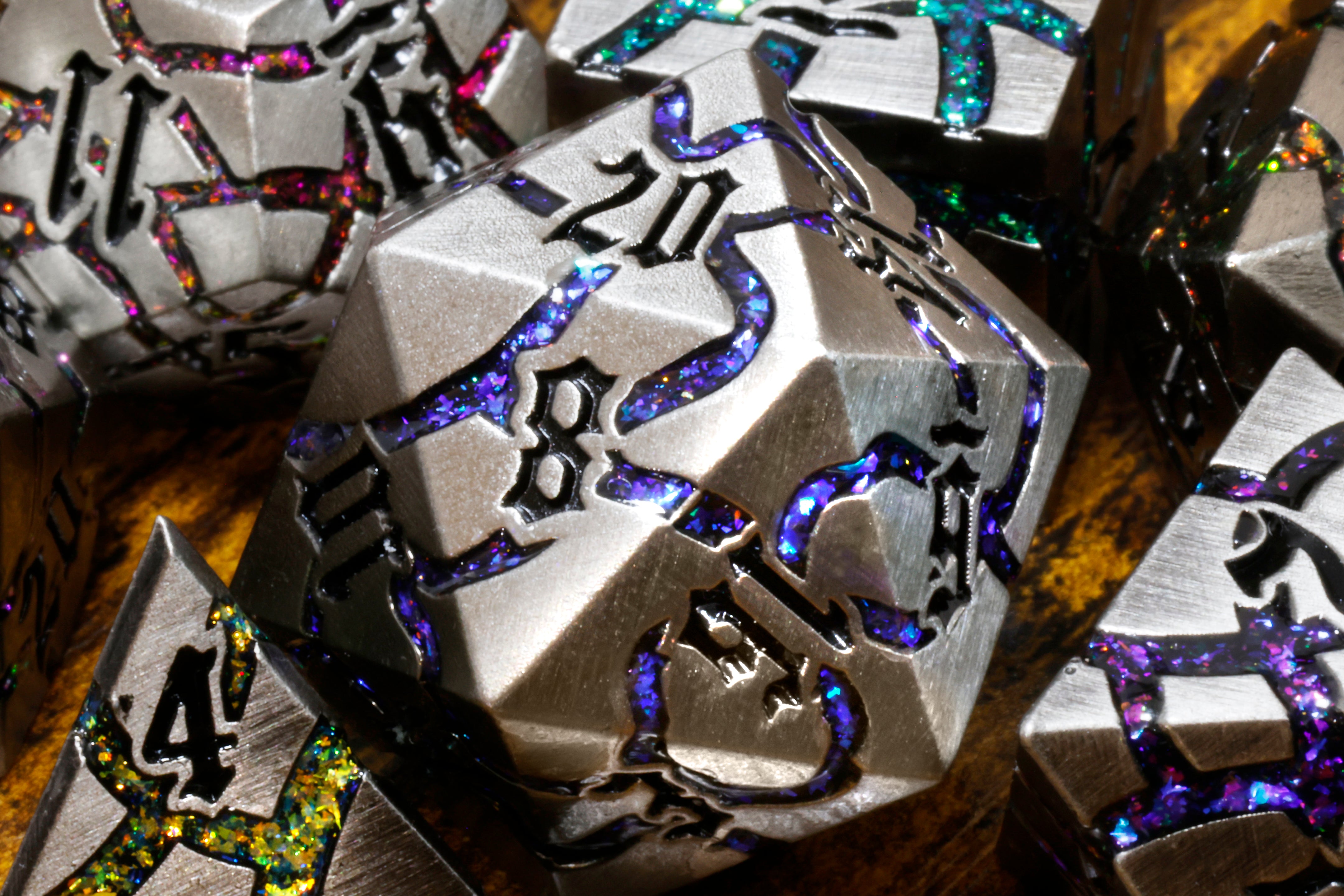 Mana Matrix Metal Dice set - Multicolor Cracks & Silver Finish - The Wizard's Vault