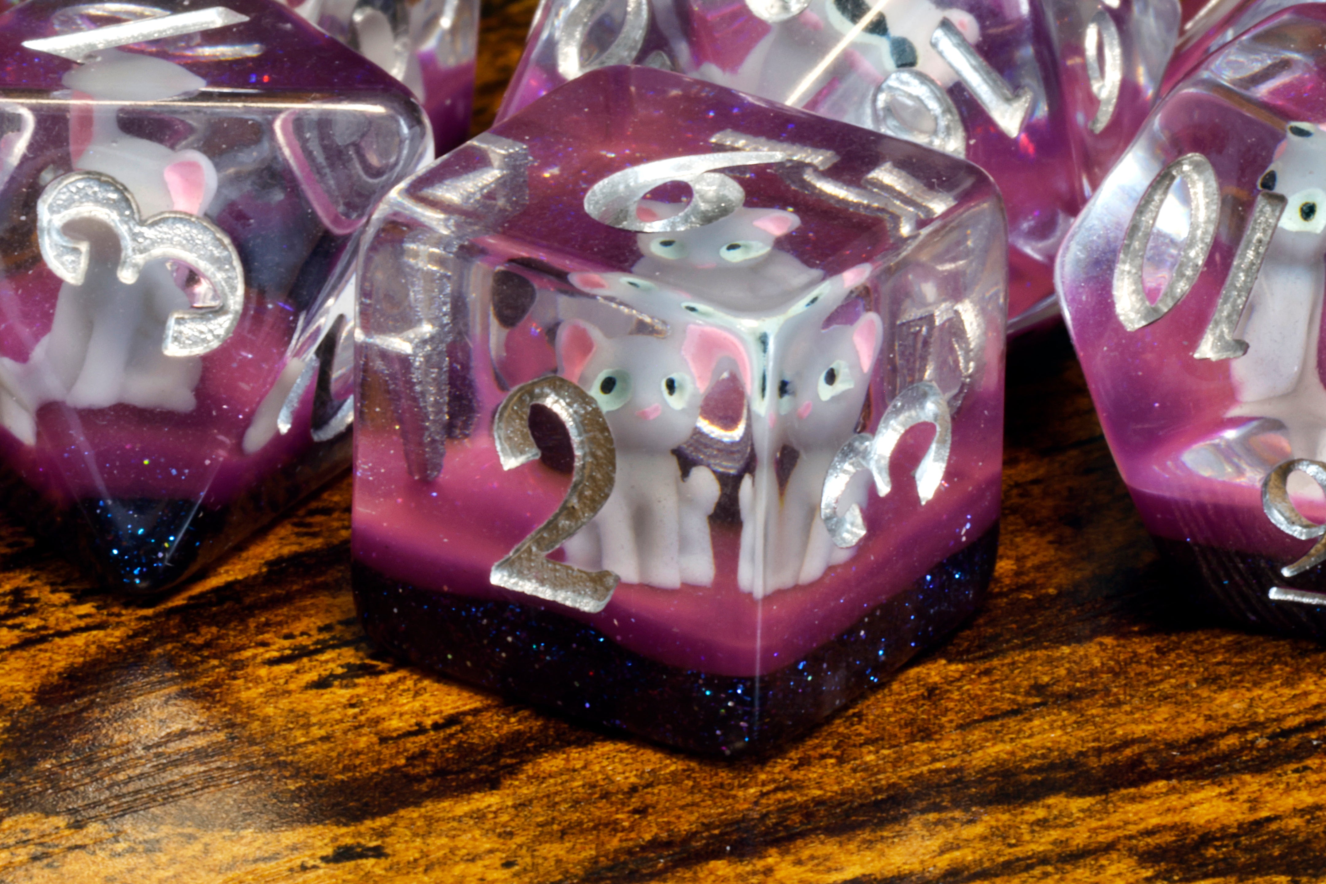Lucky Whiskers dice set with light grey cats - The Wizard's Vault