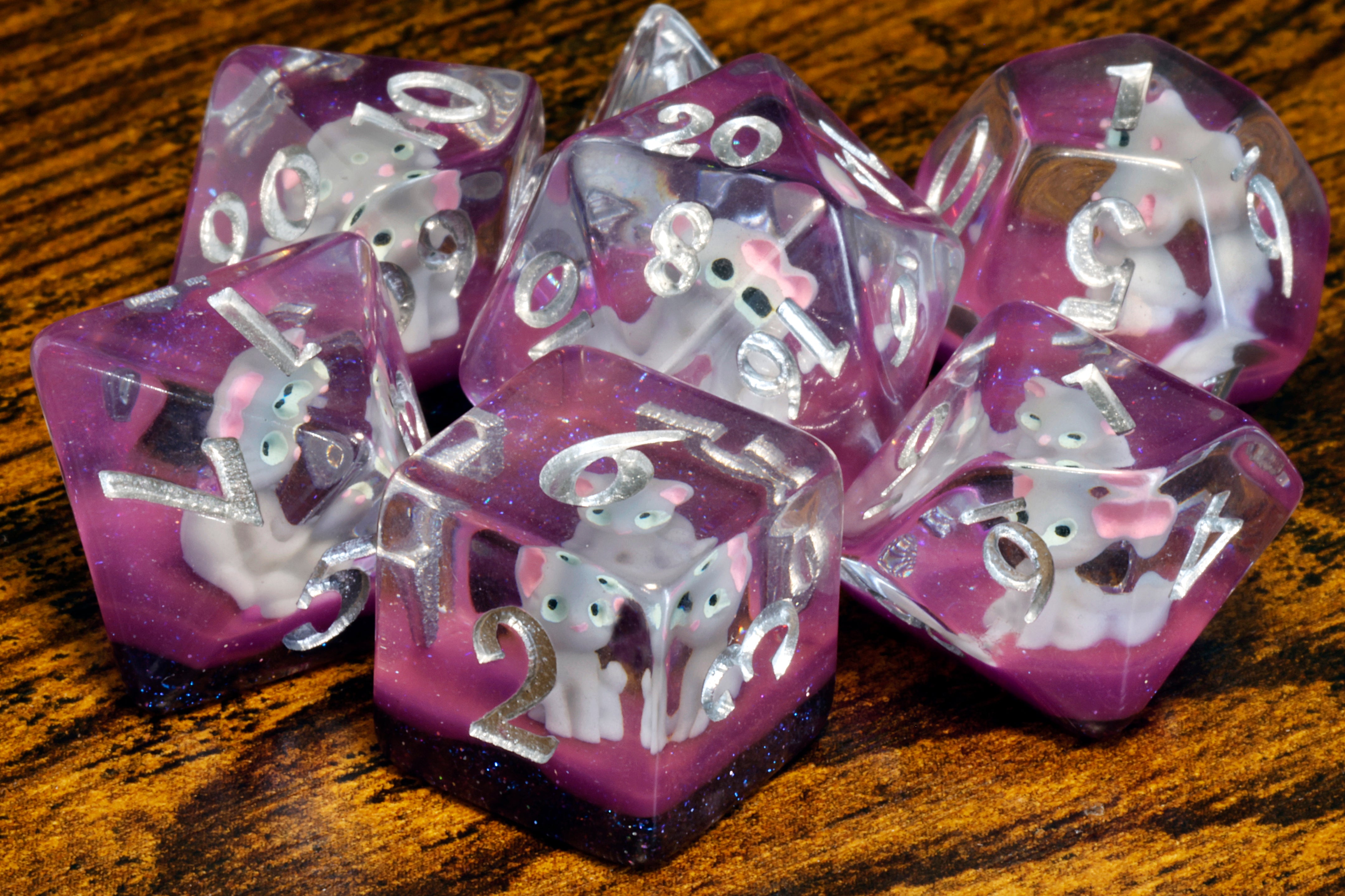 Lucky Whiskers dice set with light grey cats - The Wizard's Vault