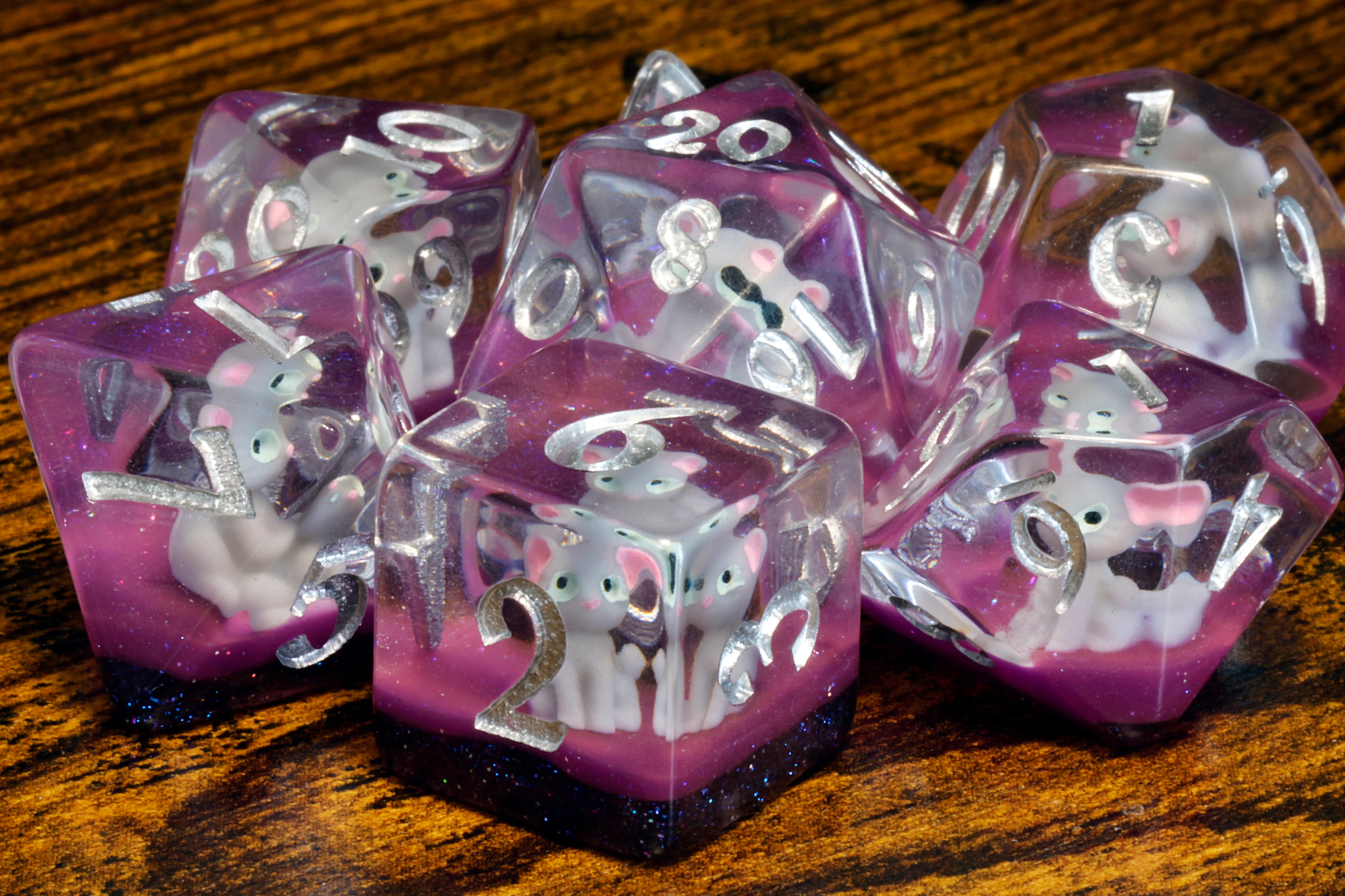 Lucky Whiskers dice set with light grey cats - The Wizard's Vault