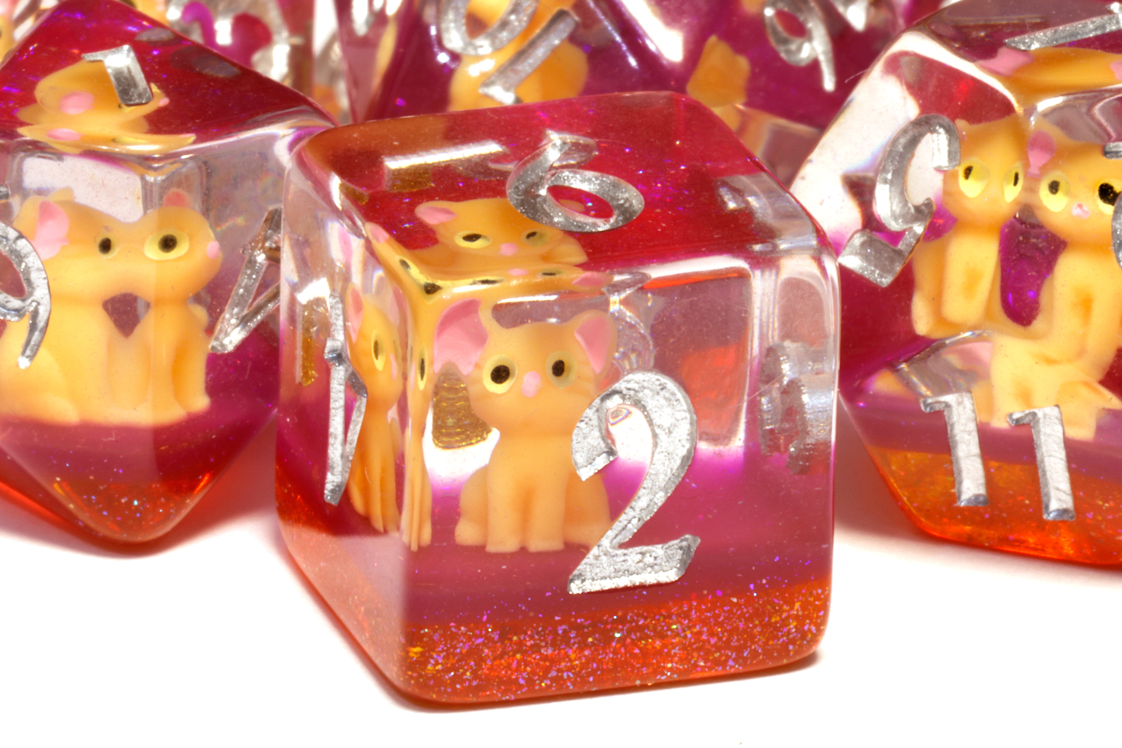 Lucky Whiskers dice set with orange cats - The Wizard's Vault