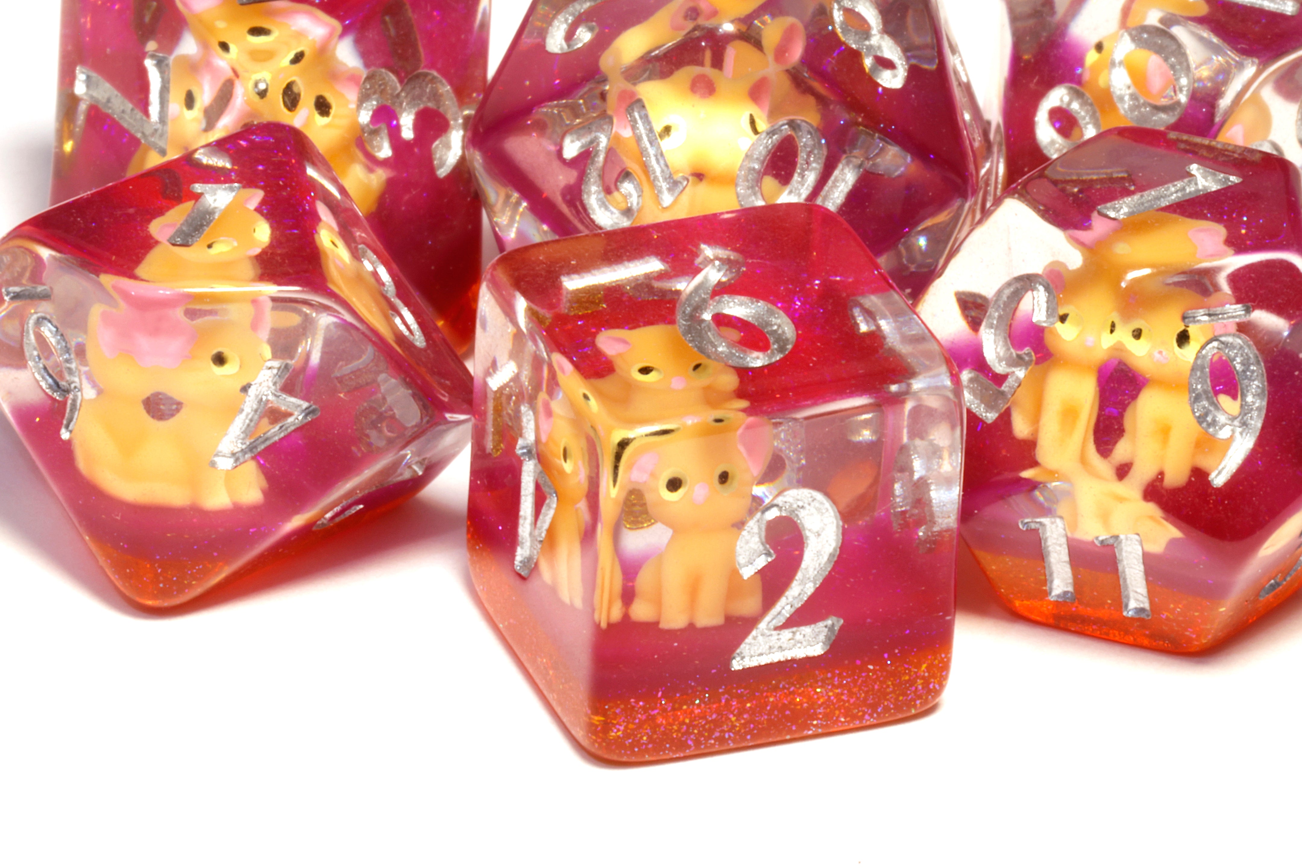 Lucky Whiskers dice set with orange cats - The Wizard's Vault