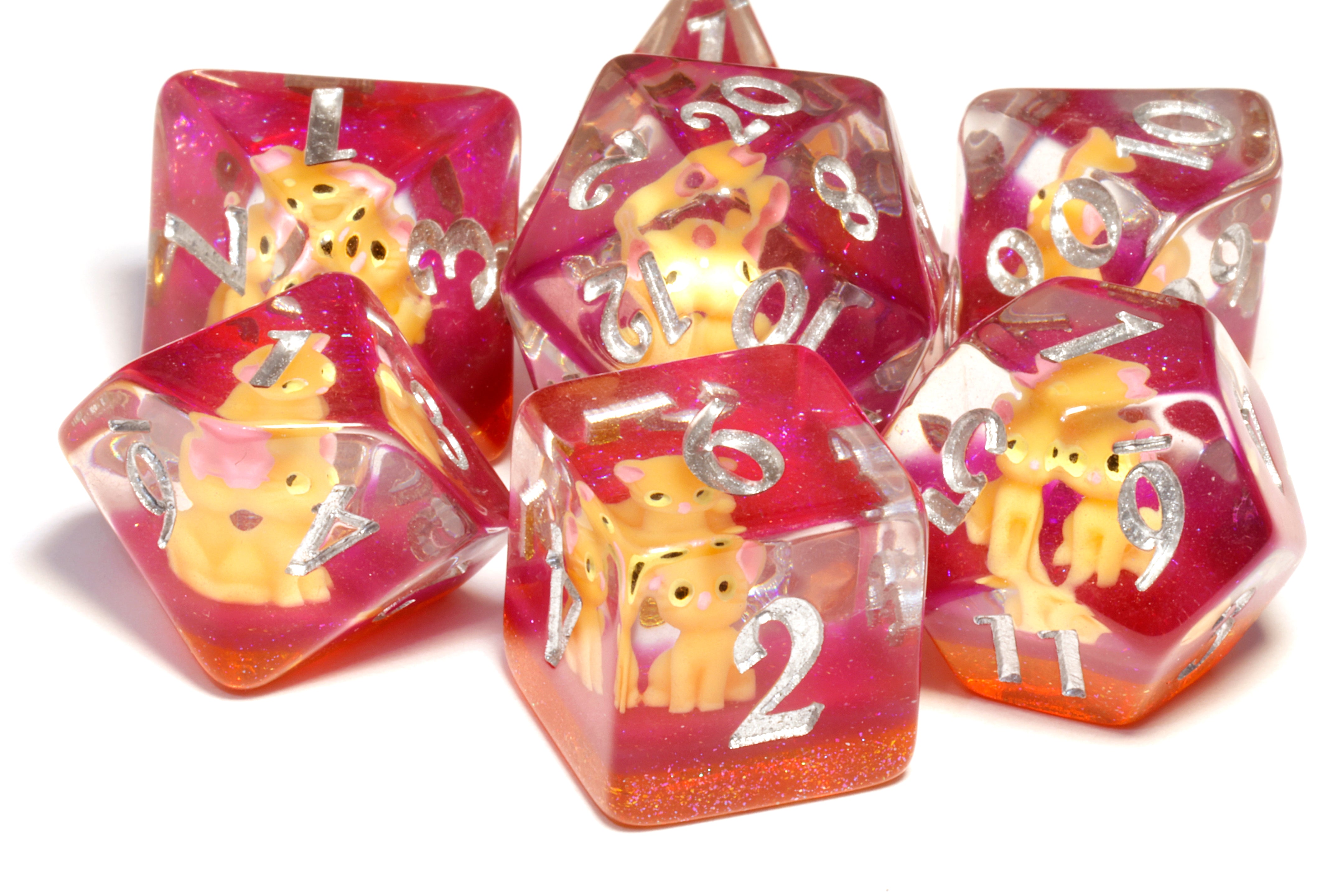 Lucky Whiskers dice set with orange cats - The Wizard's Vault