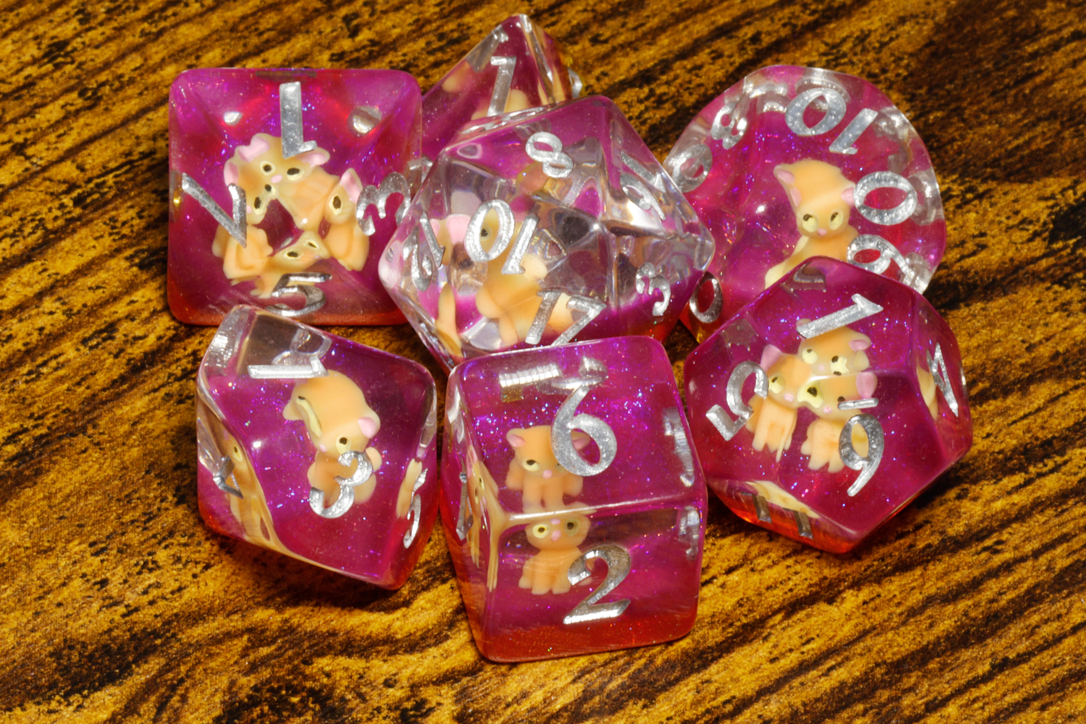 Lucky Whiskers dice set with orange cats - The Wizard's Vault