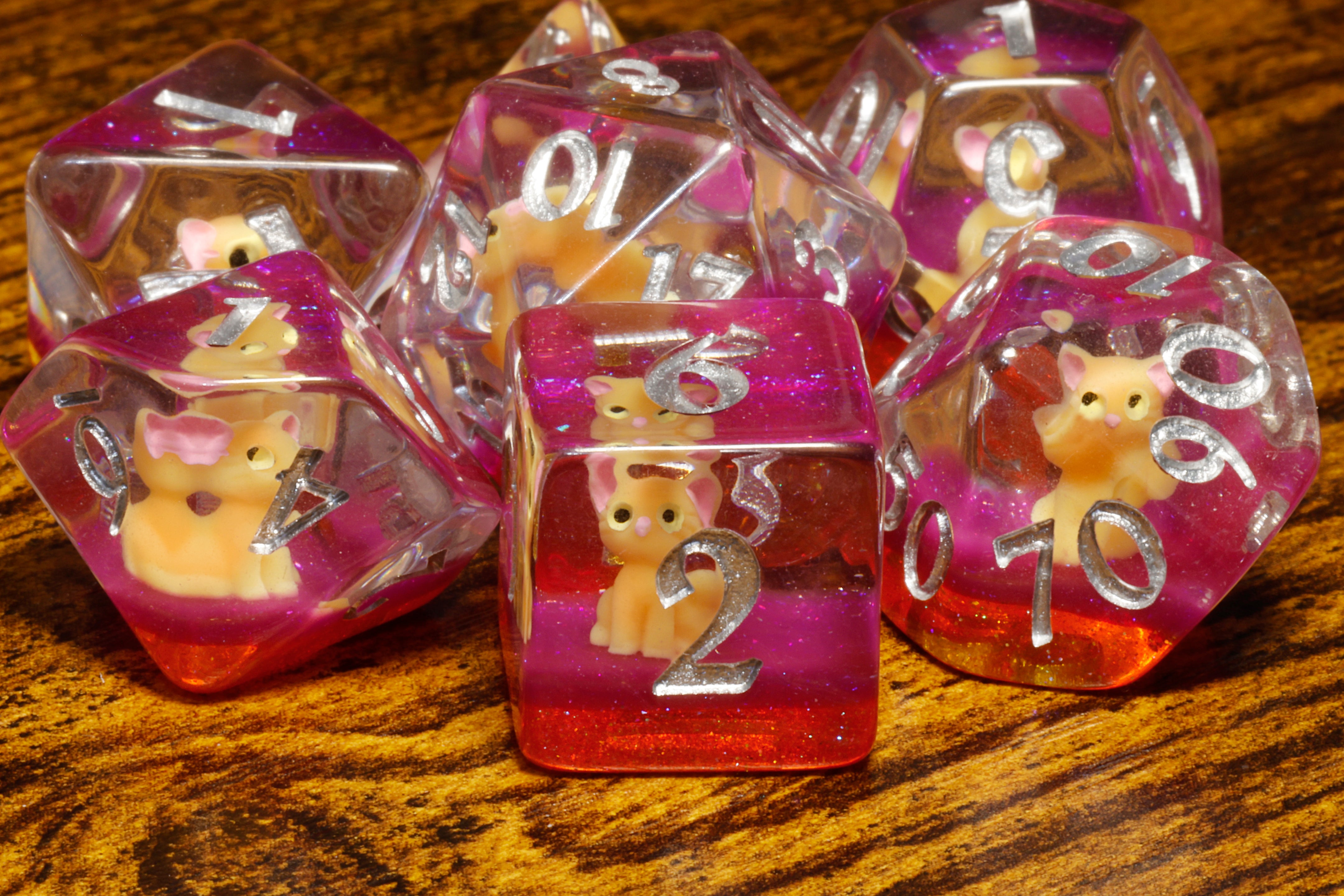 Lucky Whiskers dice set with orange cats - The Wizard's Vault