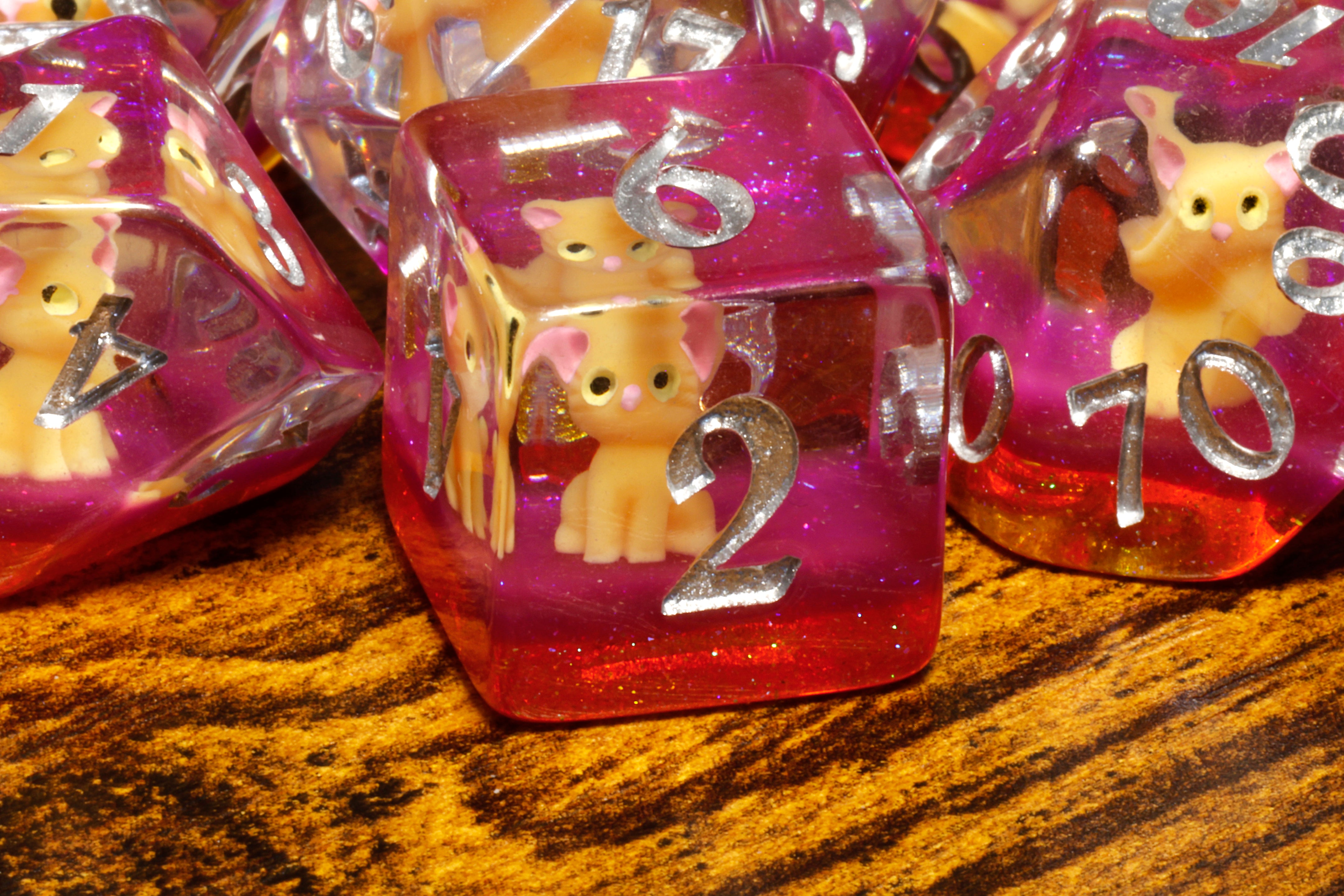 Lucky Whiskers dice set with orange cats - The Wizard's Vault