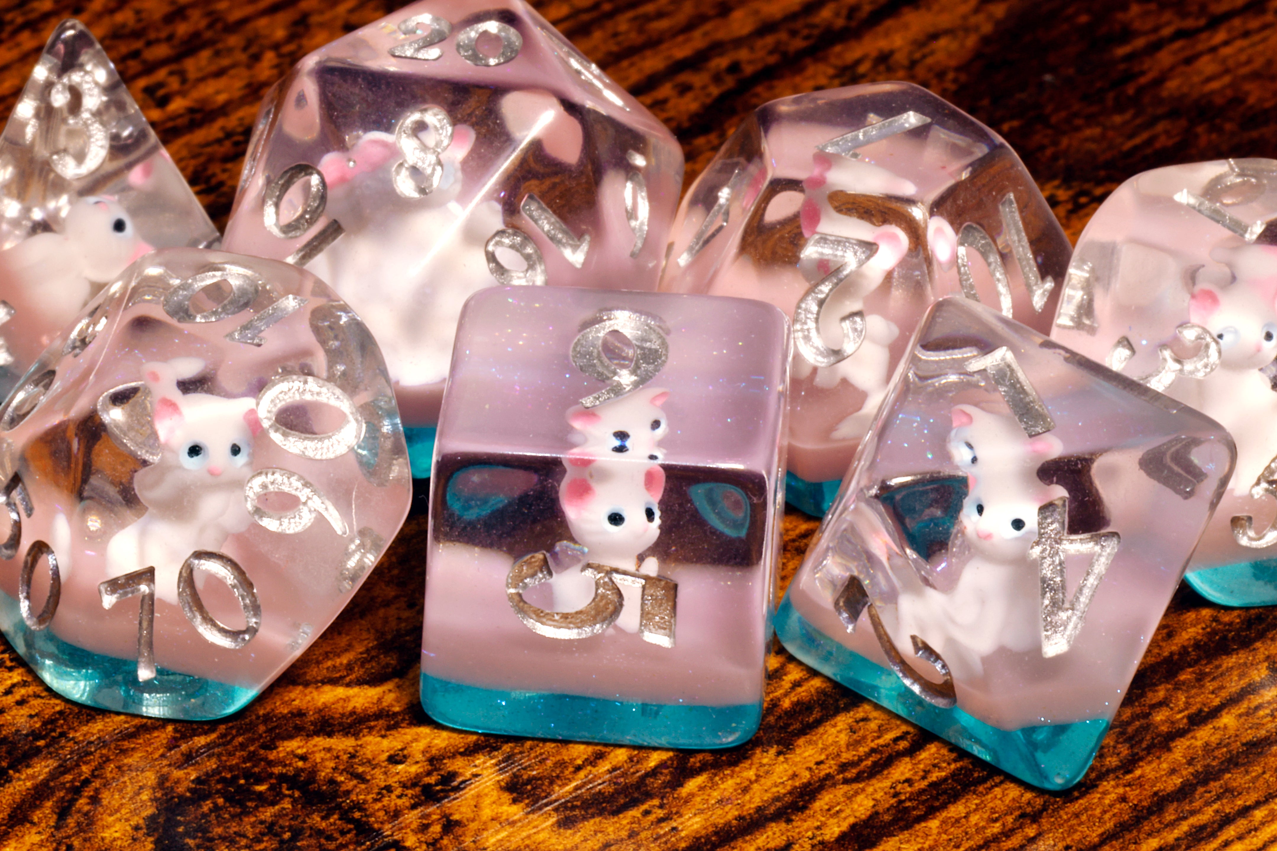 Lucky Whiskers dice set with white cats - The Wizard's Vault