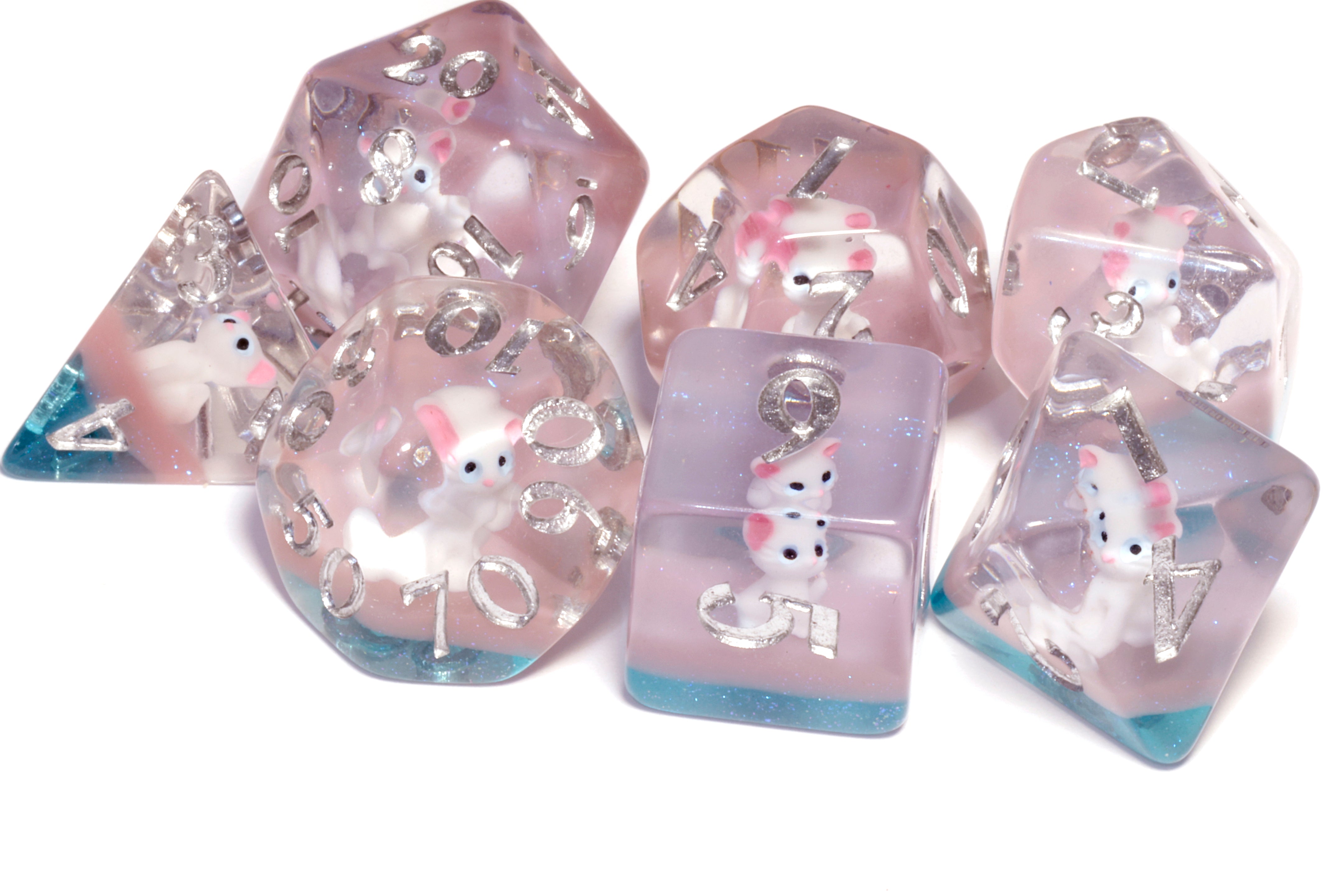 Lucky Whiskers dice set with white cats - The Wizard's Vault
