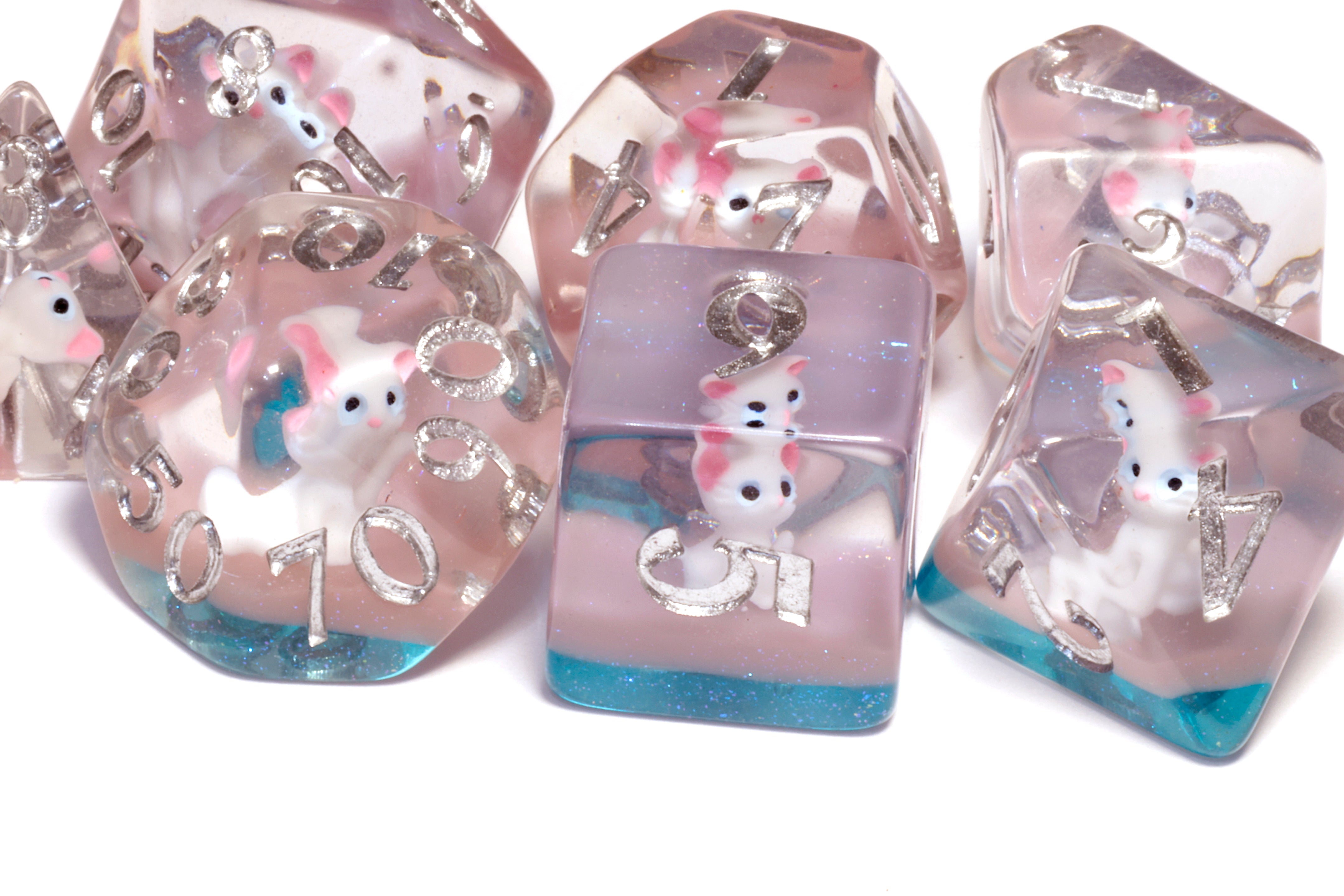 Lucky Whiskers dice set with white cats - The Wizard's Vault