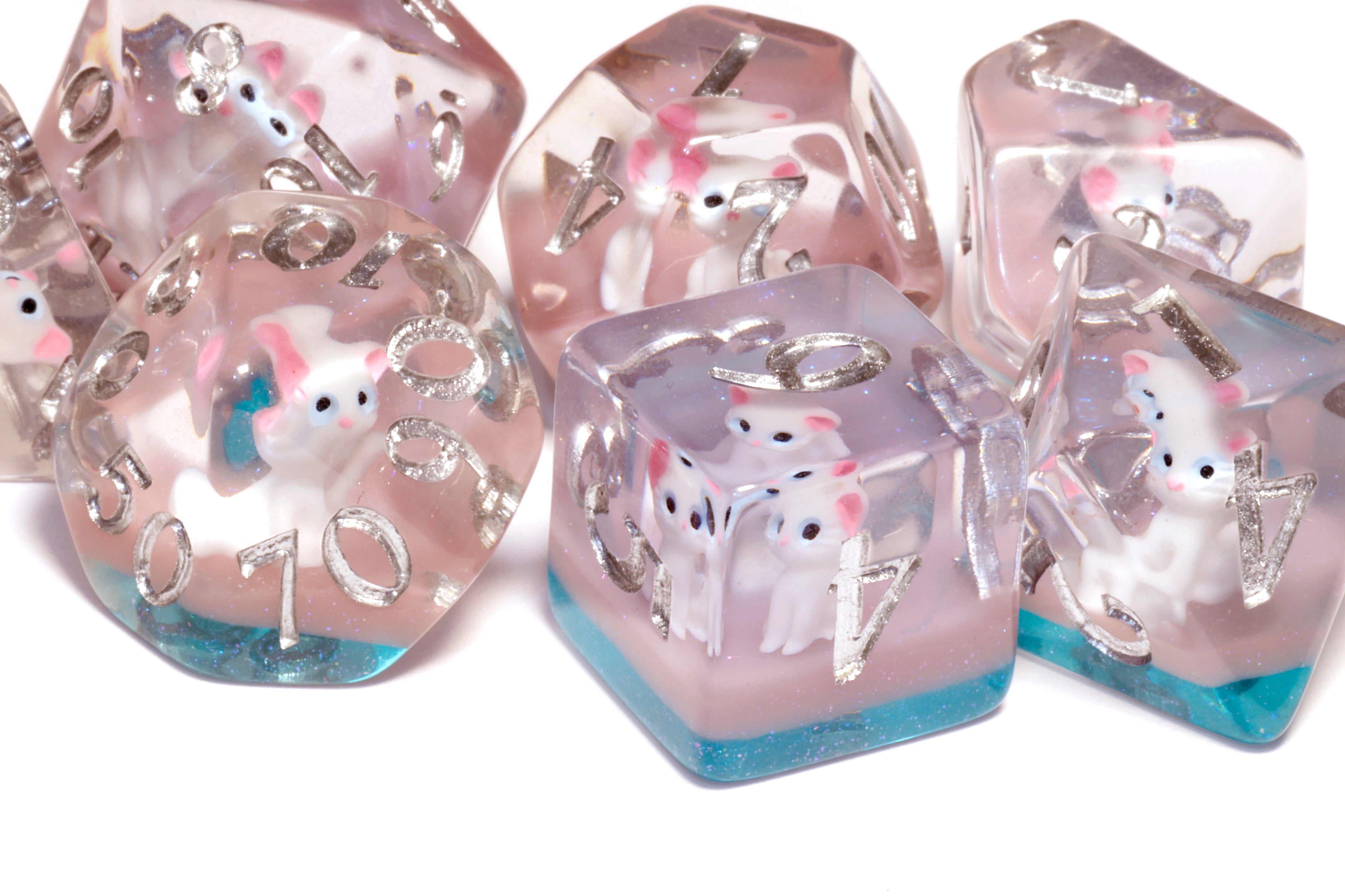 Lucky Whiskers dice set with white cats - The Wizard's Vault