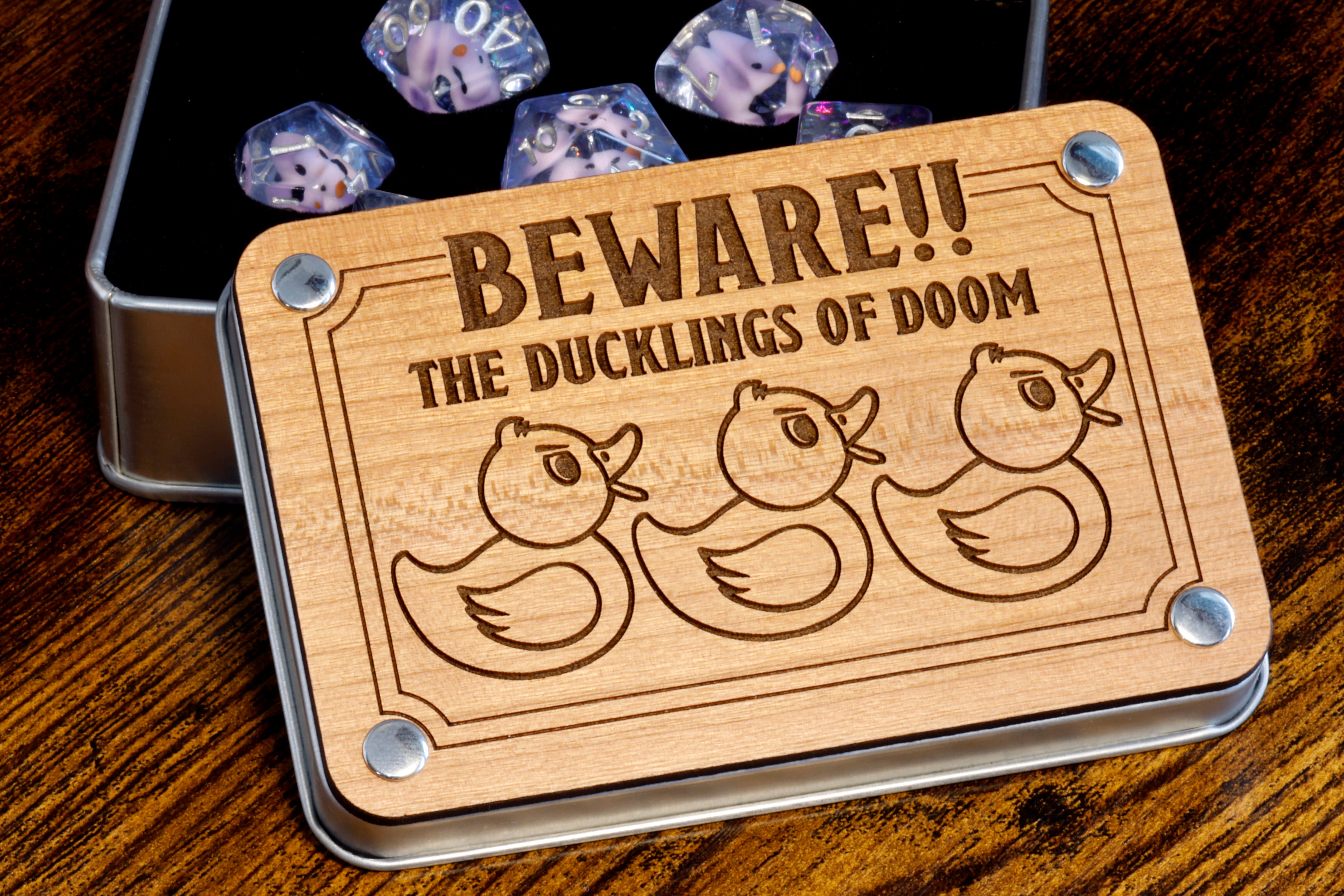 Behold !! The ducklings of doom dice set with metal box - The Wizard's Vault