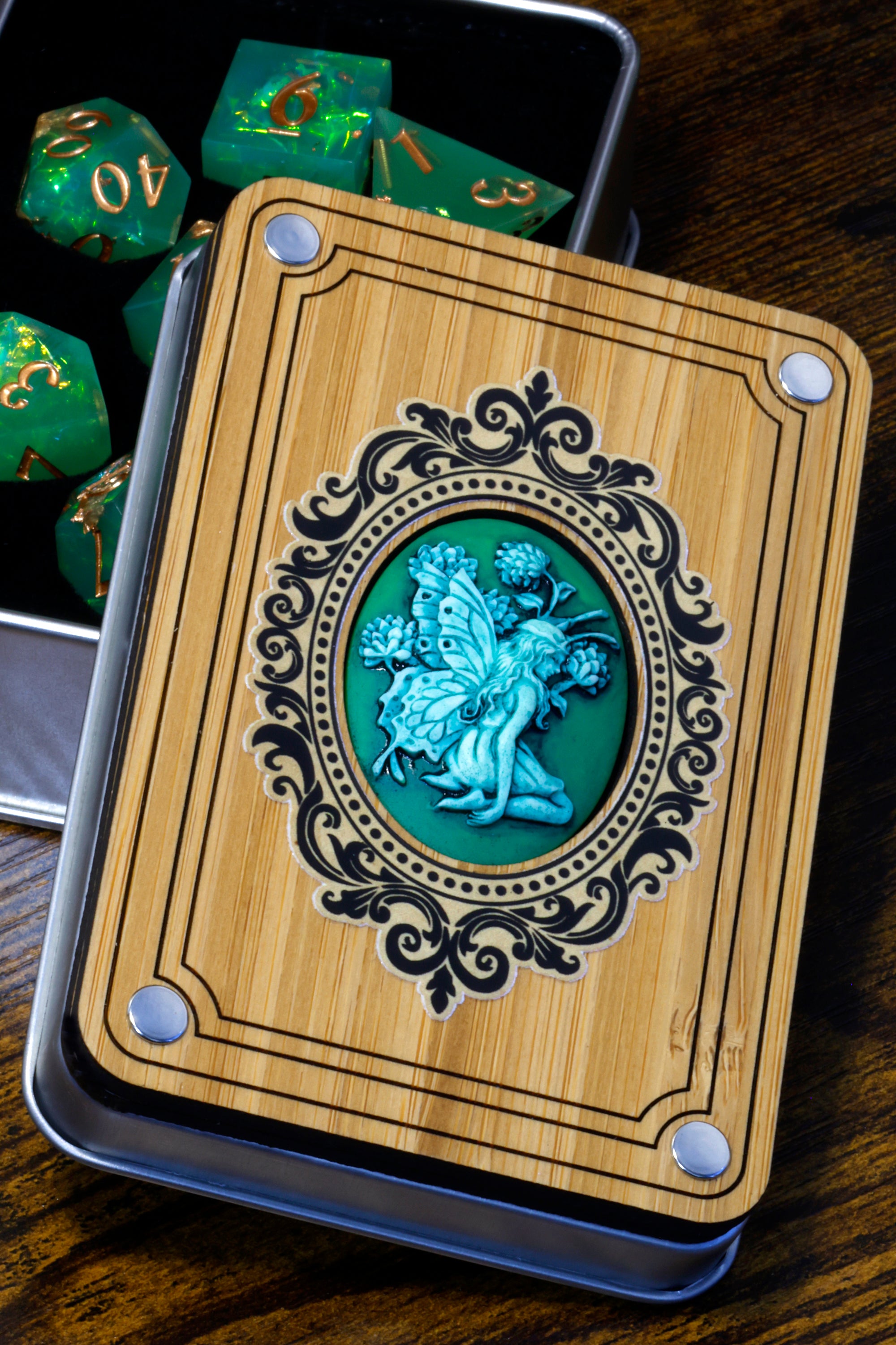 Green Faerie box with Elven Moon Vow Dice Set - The Wizard's Vault