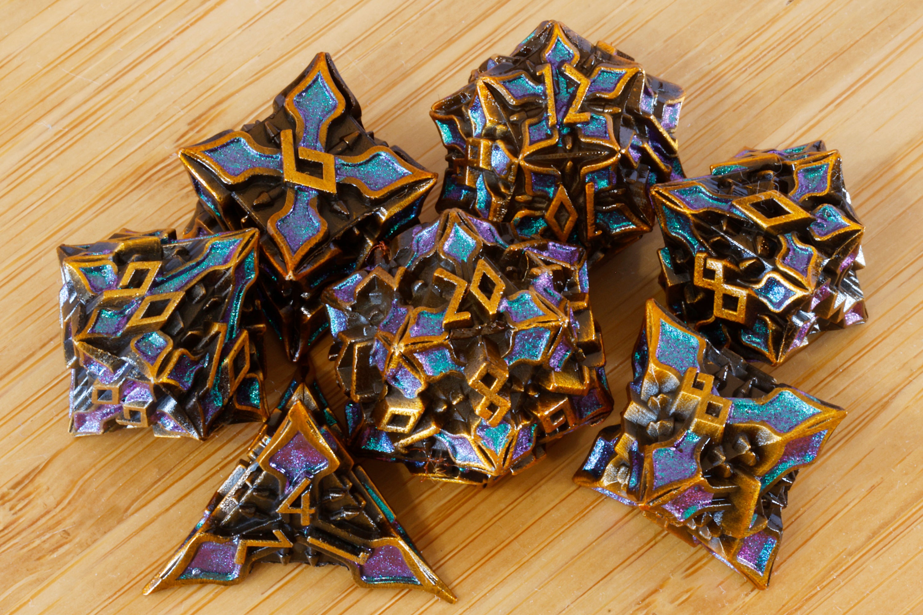 Runecraft Dice Set - Purple green shifting mica - Antique Gold Metal - The Wizard's Vault