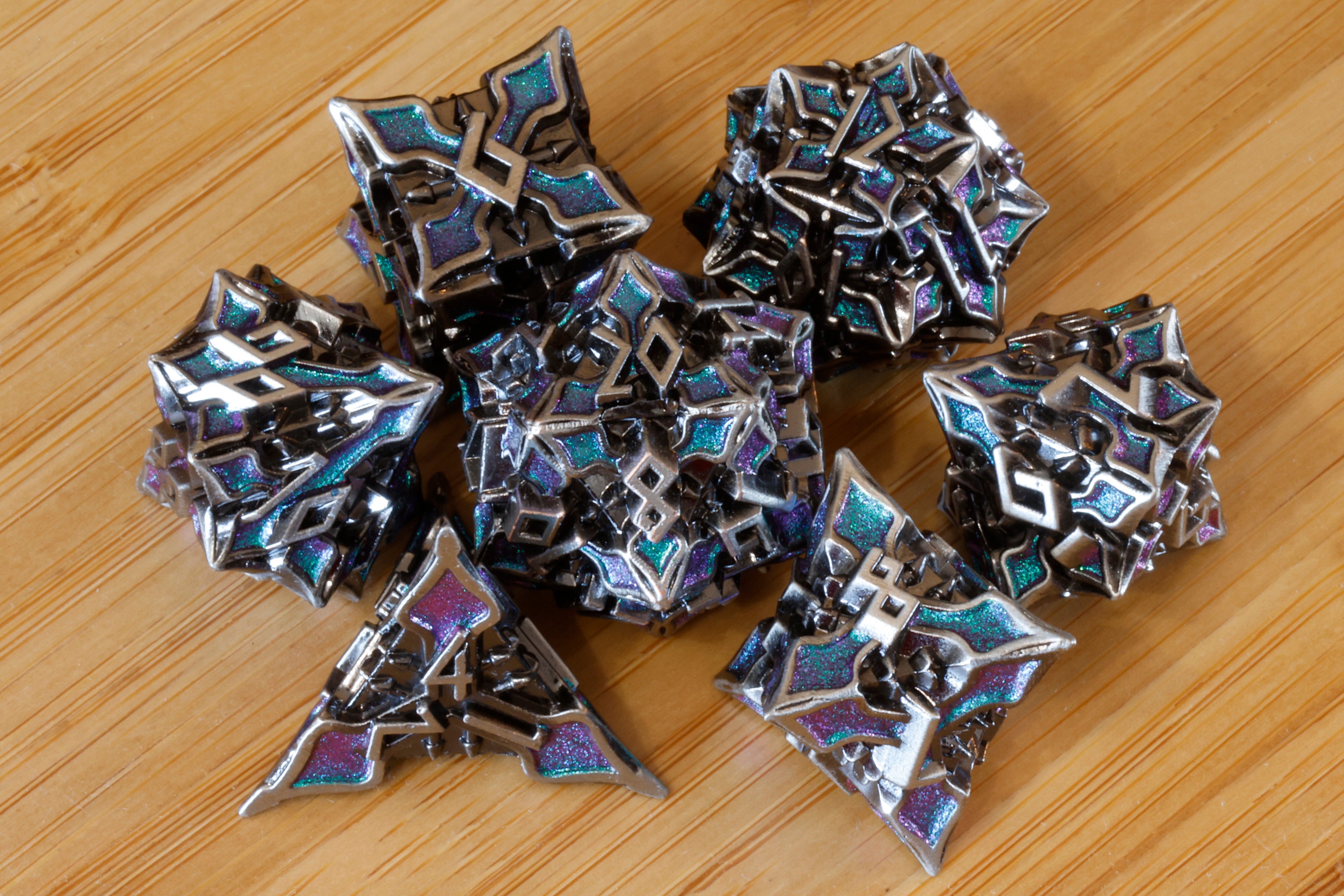Runecraft Dice Set - Purple blue green shifting mica - Antique Silver Metal - The Wizard's Vault