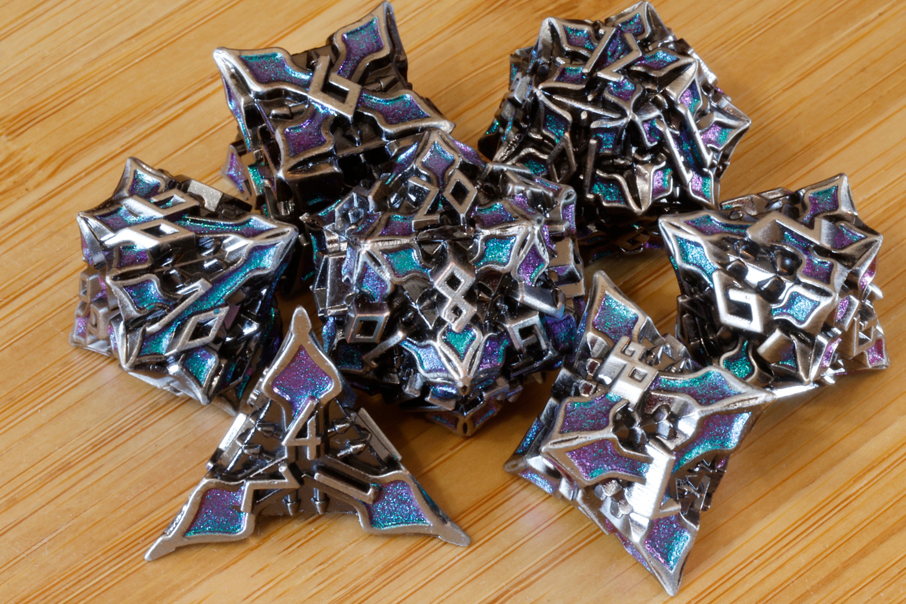 Runecraft Dice Set - Purple blue green shifting mica - Antique Silver Metal - The Wizard's Vault