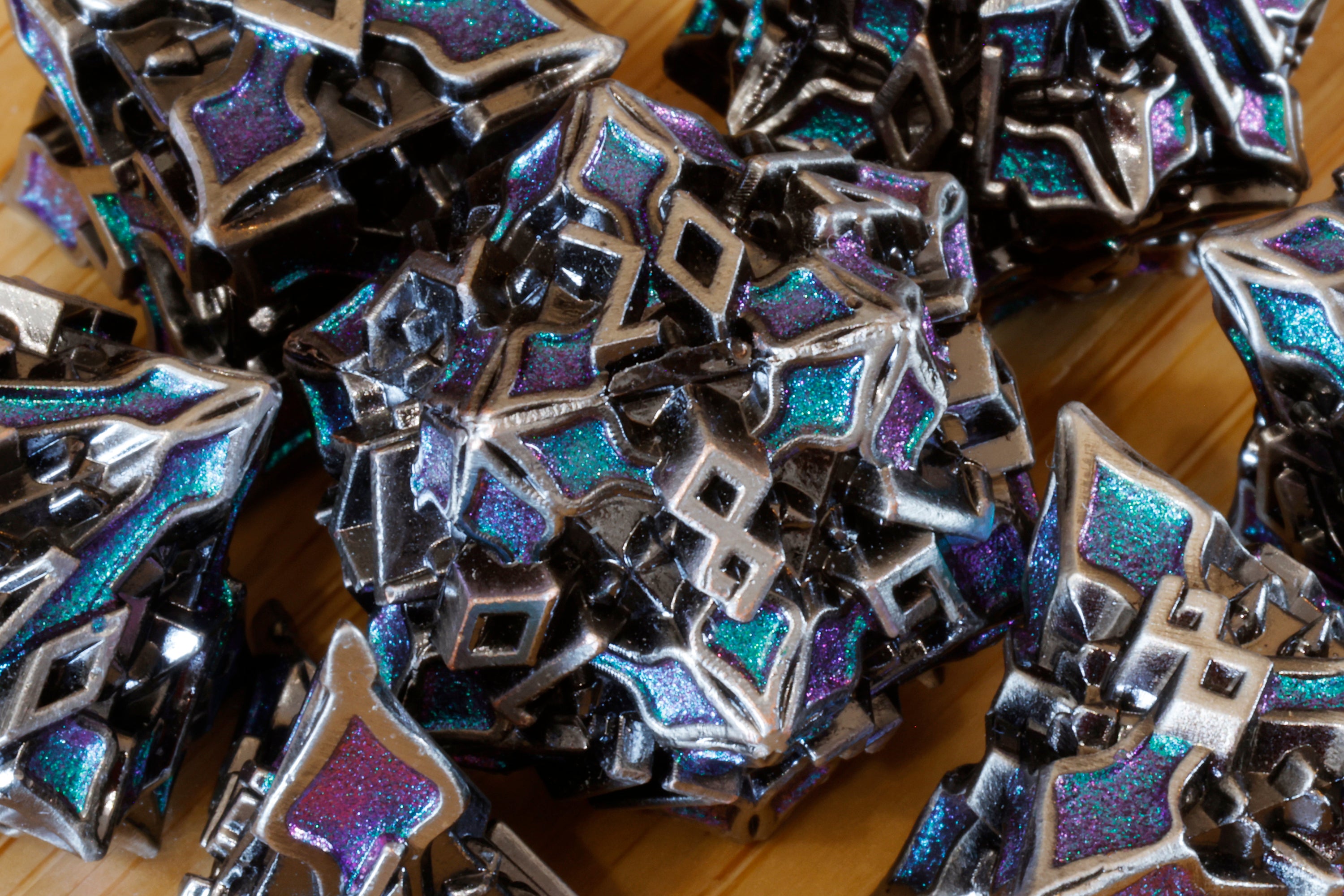 Runecraft Dice Set - Purple blue green shifting mica - Antique Silver Metal - The Wizard's Vault