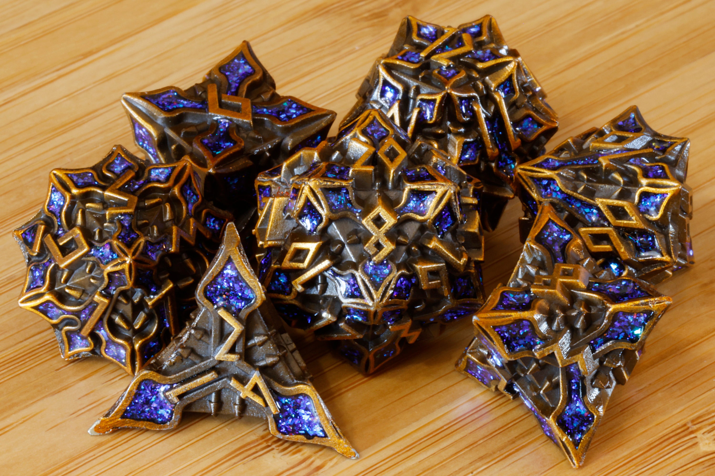 Runecraft Dice Set - Blue mica - Antique Gold Metal - The Wizard's Vault