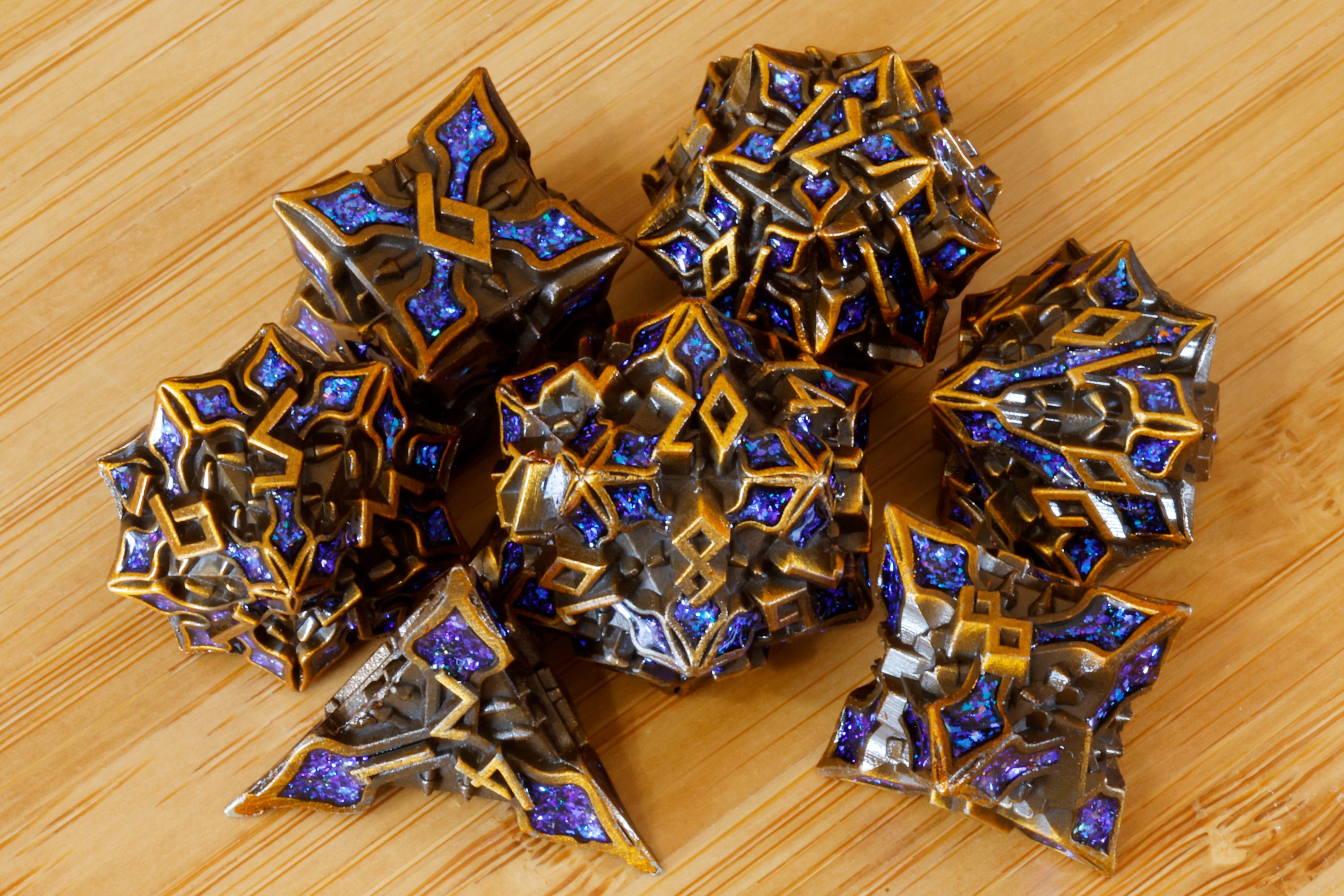 Runecraft Dice Set - Blue mica - Antique Gold Metal - The Wizard's Vault