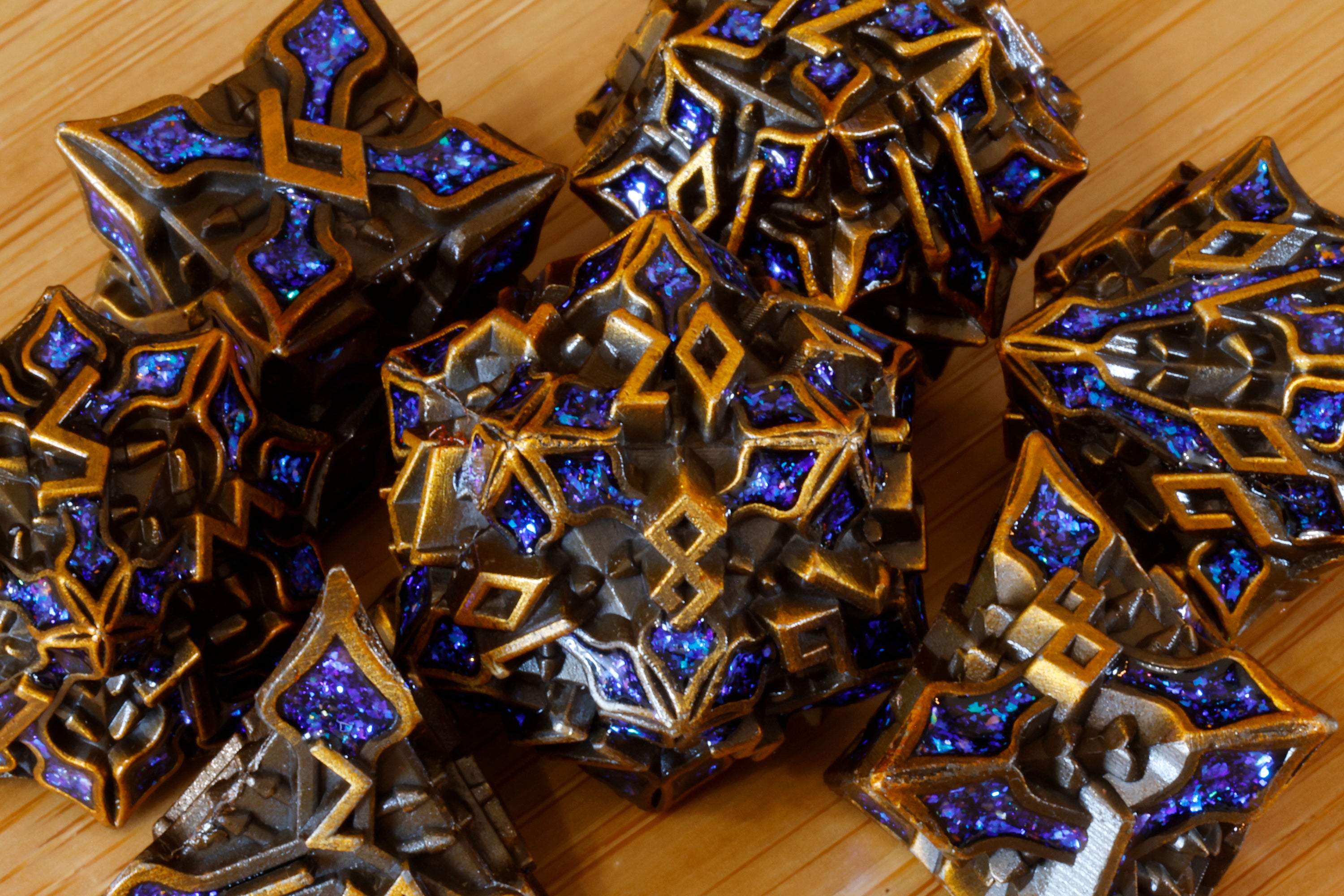 Runecraft Dice Set - Blue mica - Antique Gold Metal - The Wizard's Vault