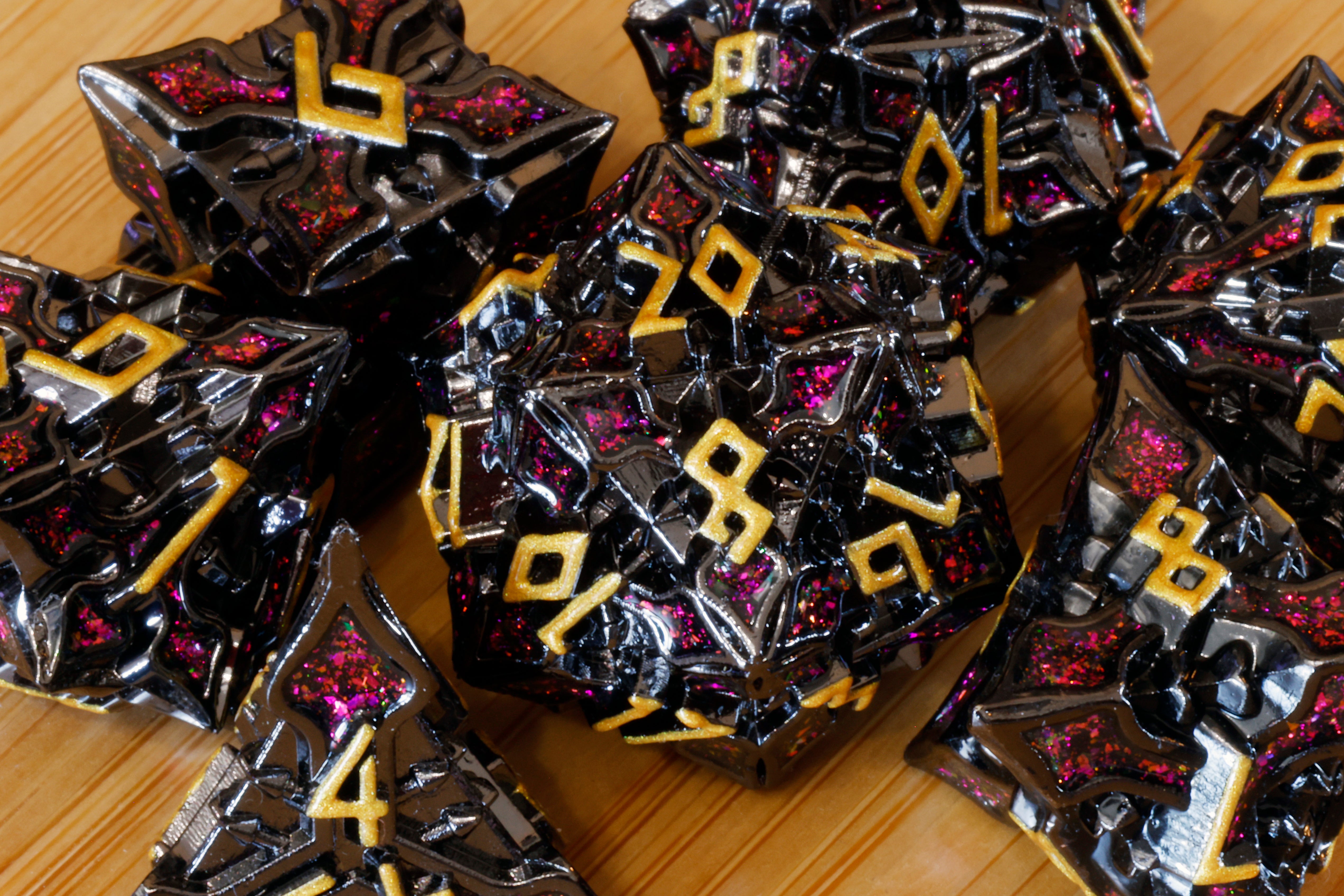 Runecraft dice set - Red mica and gold font - Black Metal - The Wizard's Vault