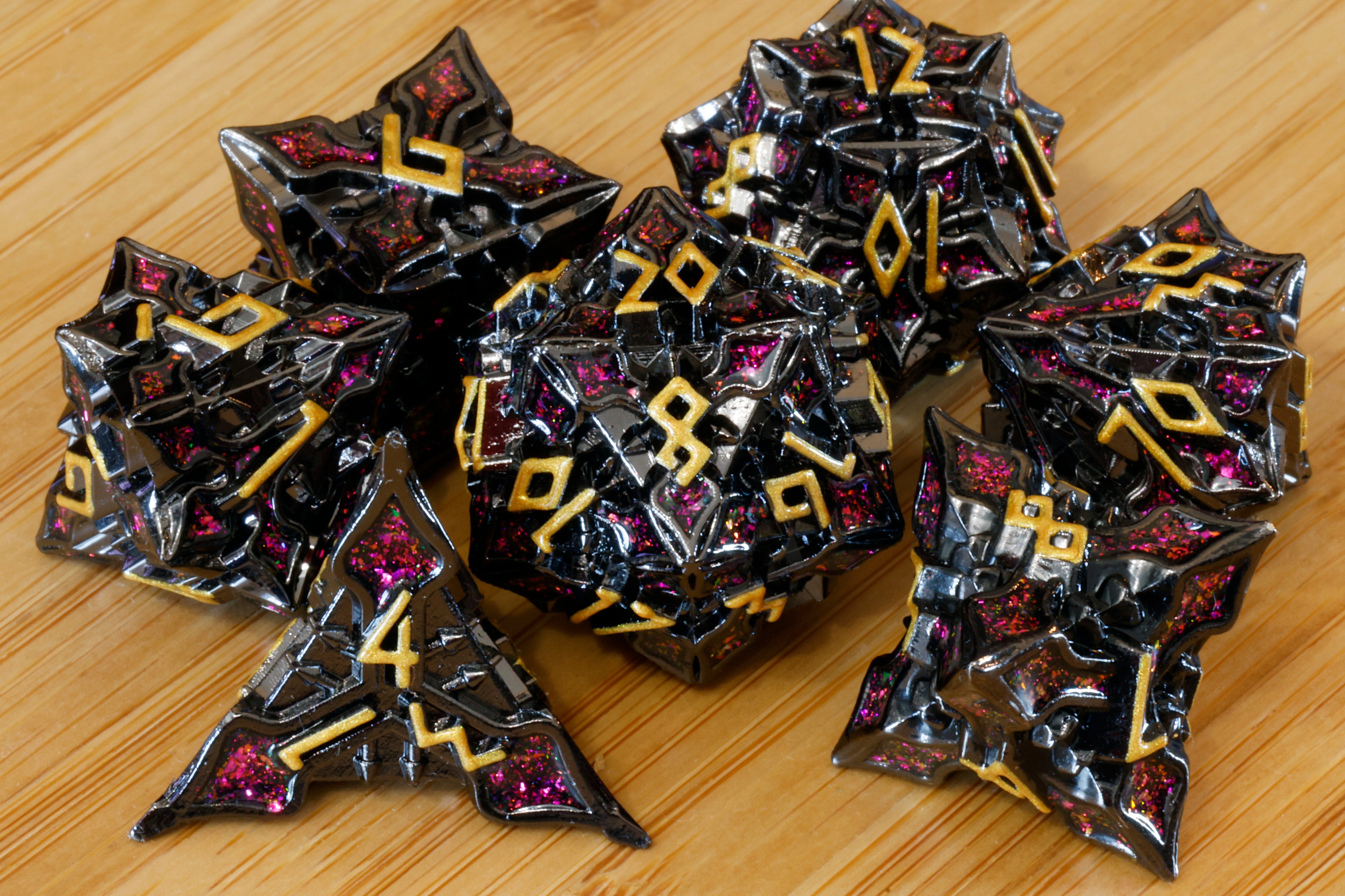 Runecraft dice set - Red mica and gold font - Black Metal - The Wizard's Vault