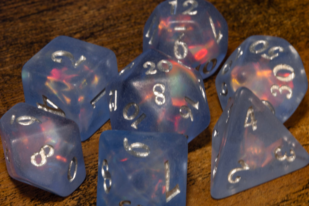 Frost Faerie Opal 7-Piece Dice Set – Frosted Blue with Holographic Foil