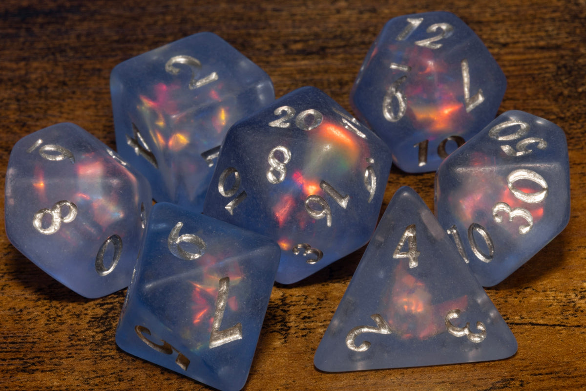 Frost Faerie Opal 7-Piece Dice Set – Frosted Blue with Holographic Foil