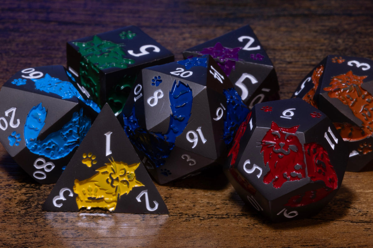 Meowgic 7-Piece Metal Dice Set – Black with Rainbow Cats